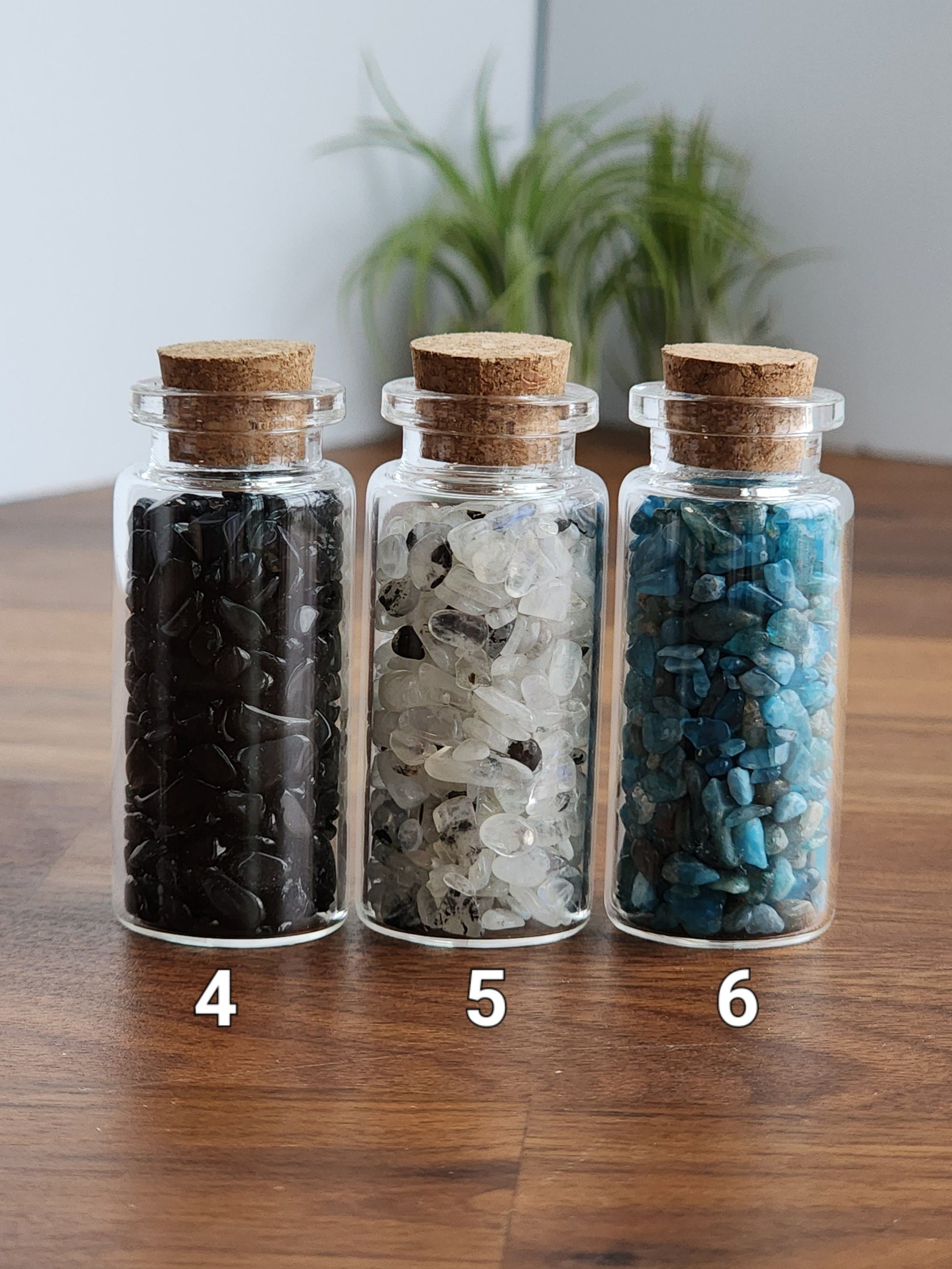 Crystal Chips Jars | Mini Bottles of Crystals | Rhodochrisite, Malachite, Kunzite, Moonstone, Obsidian, Mookite, Amethyst, Lapis, Red Agate