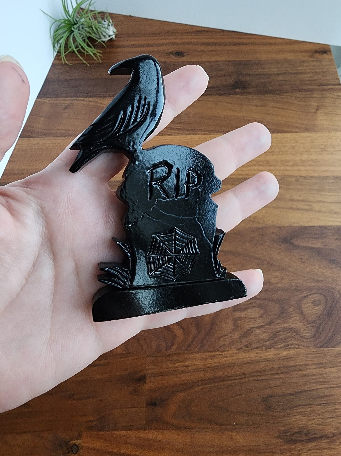 Raven R.I.P. Crystal Headstone | Gravestone with Crow | Serpentine with Dark Shiny Finish | Halloween, Goth, Witchy Decor - MISFIT