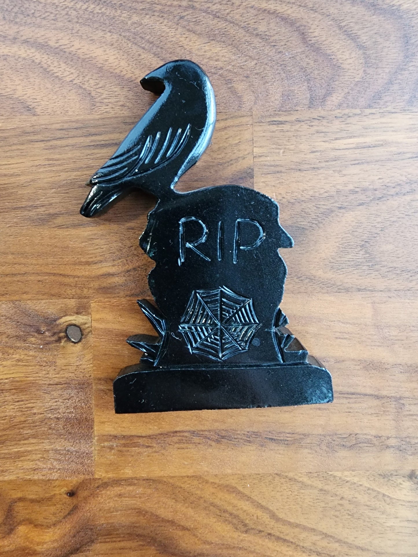 Raven R.I.P. Crystal Headstone | Gravestone with Crow | Serpentine with Dark Shiny Finish | Halloween, Goth, Witchy Decor - MISFIT