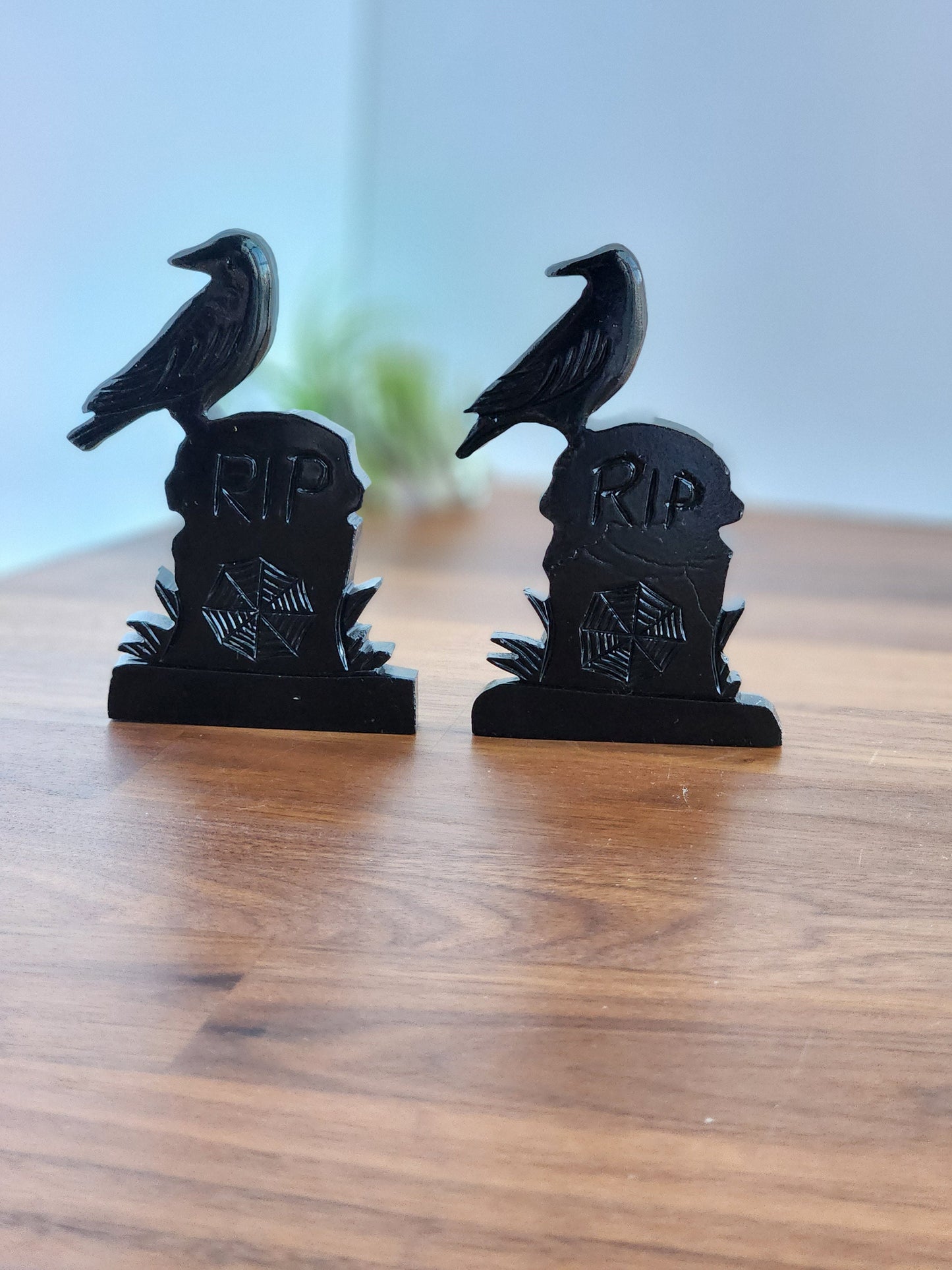 Raven R.I.P. Crystal Headstone | Gravestone with Crow | Serpentine with Dark Shiny Finish | Halloween, Goth, Witchy Decor - MISFIT