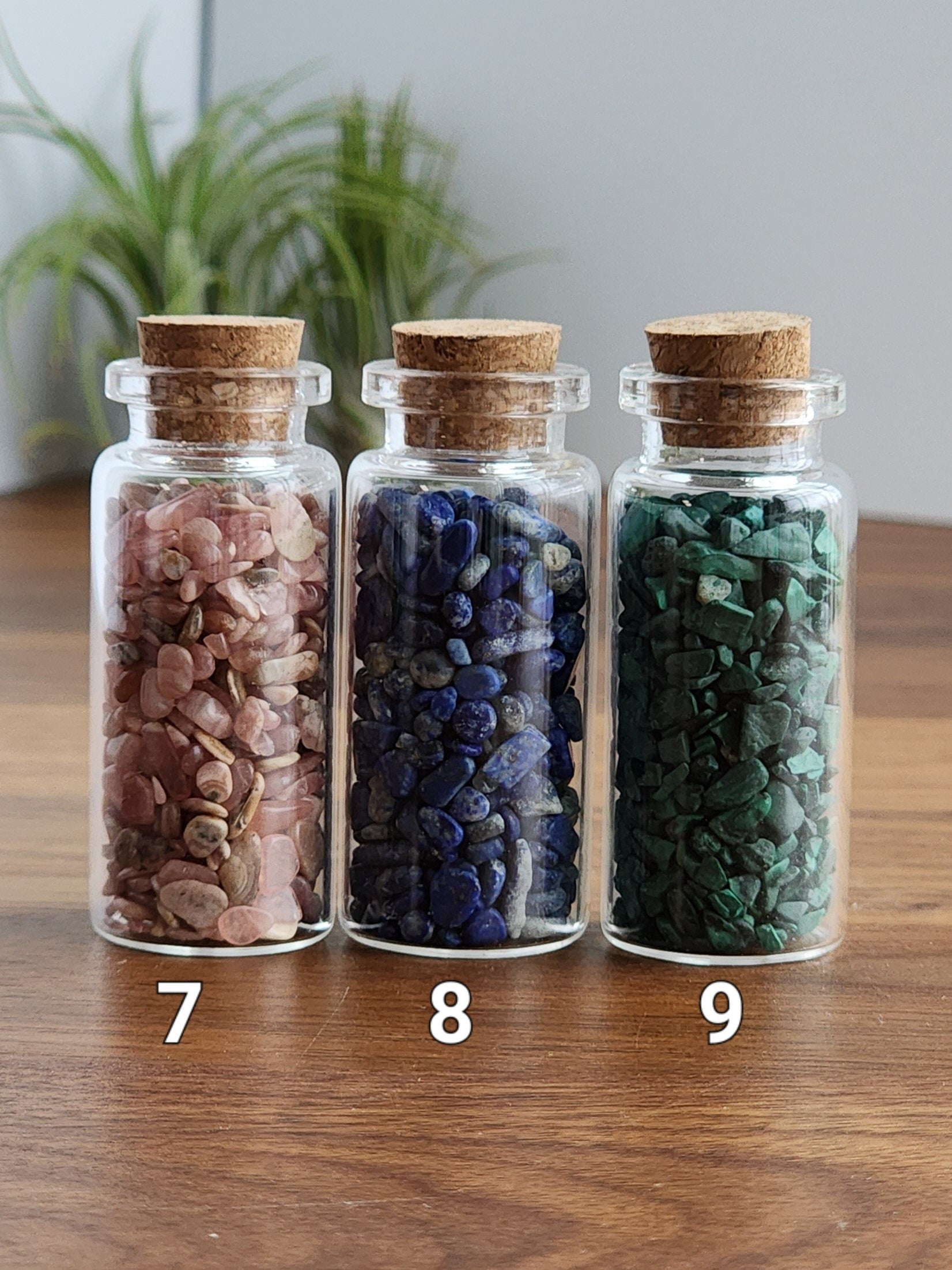 Crystal Chips Jars | Mini Bottles of Crystals | Rhodochrisite, Malachite, Kunzite, Moonstone, Obsidian, Mookite, Amethyst, Lapis, Red Agate