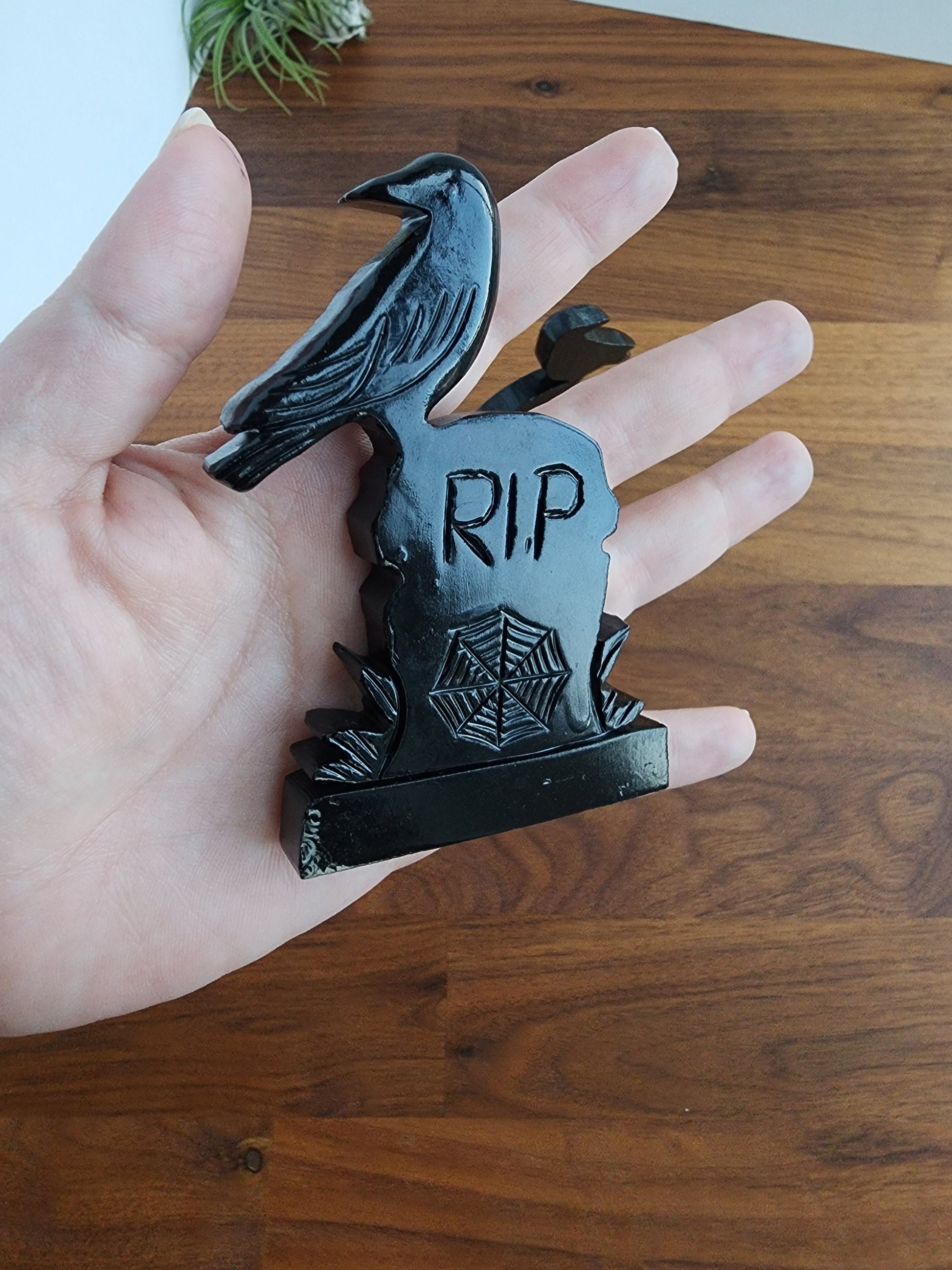 Raven R.I.P. Crystal Headstone | Gravestone with Crow | Serpentine with Dark Shiny Finish | Halloween, Goth, Witchy Decor - MISFIT