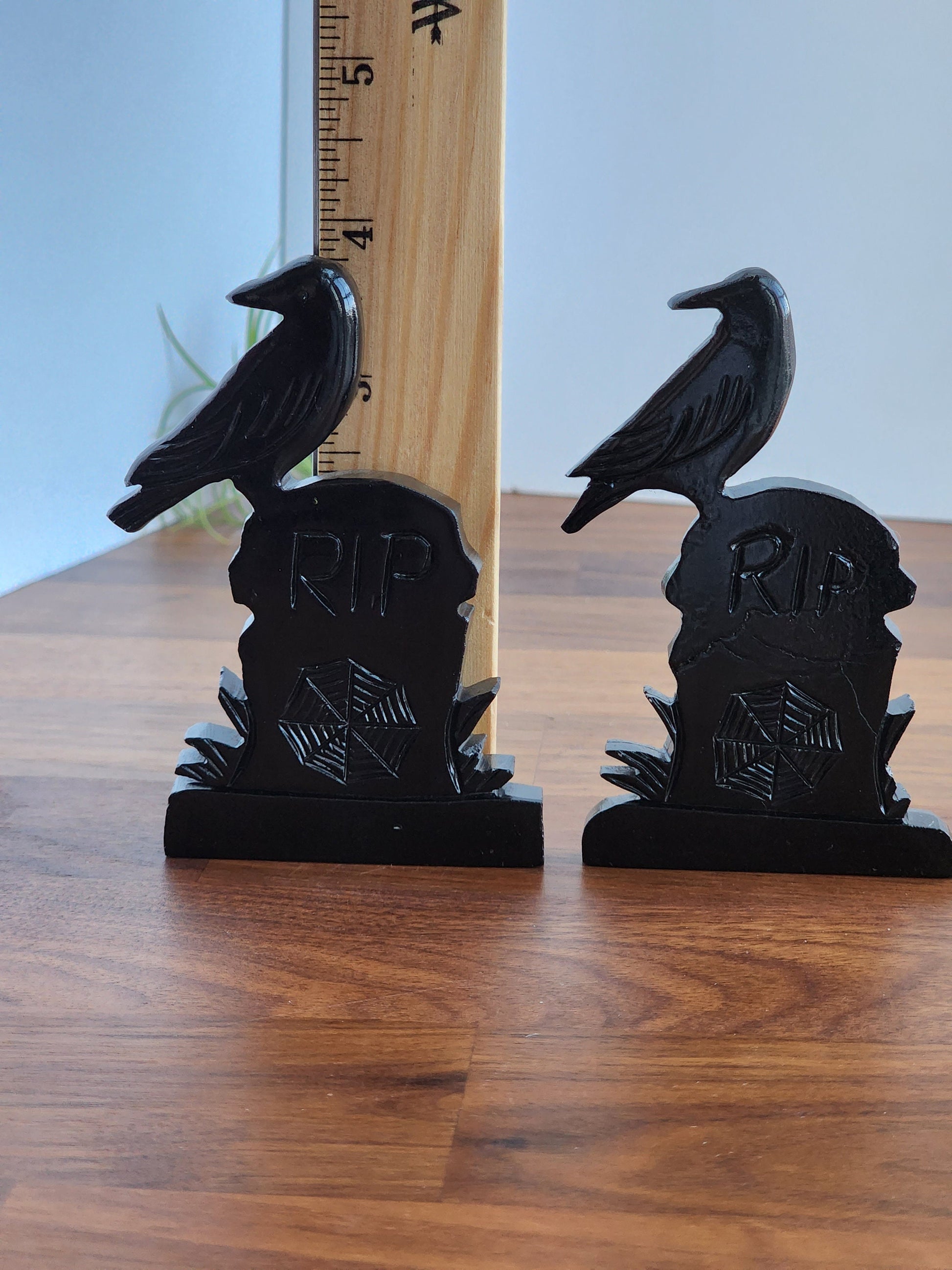 Raven R.I.P. Crystal Headstone | Gravestone with Crow | Serpentine with Dark Shiny Finish | Halloween, Goth, Witchy Decor - MISFIT