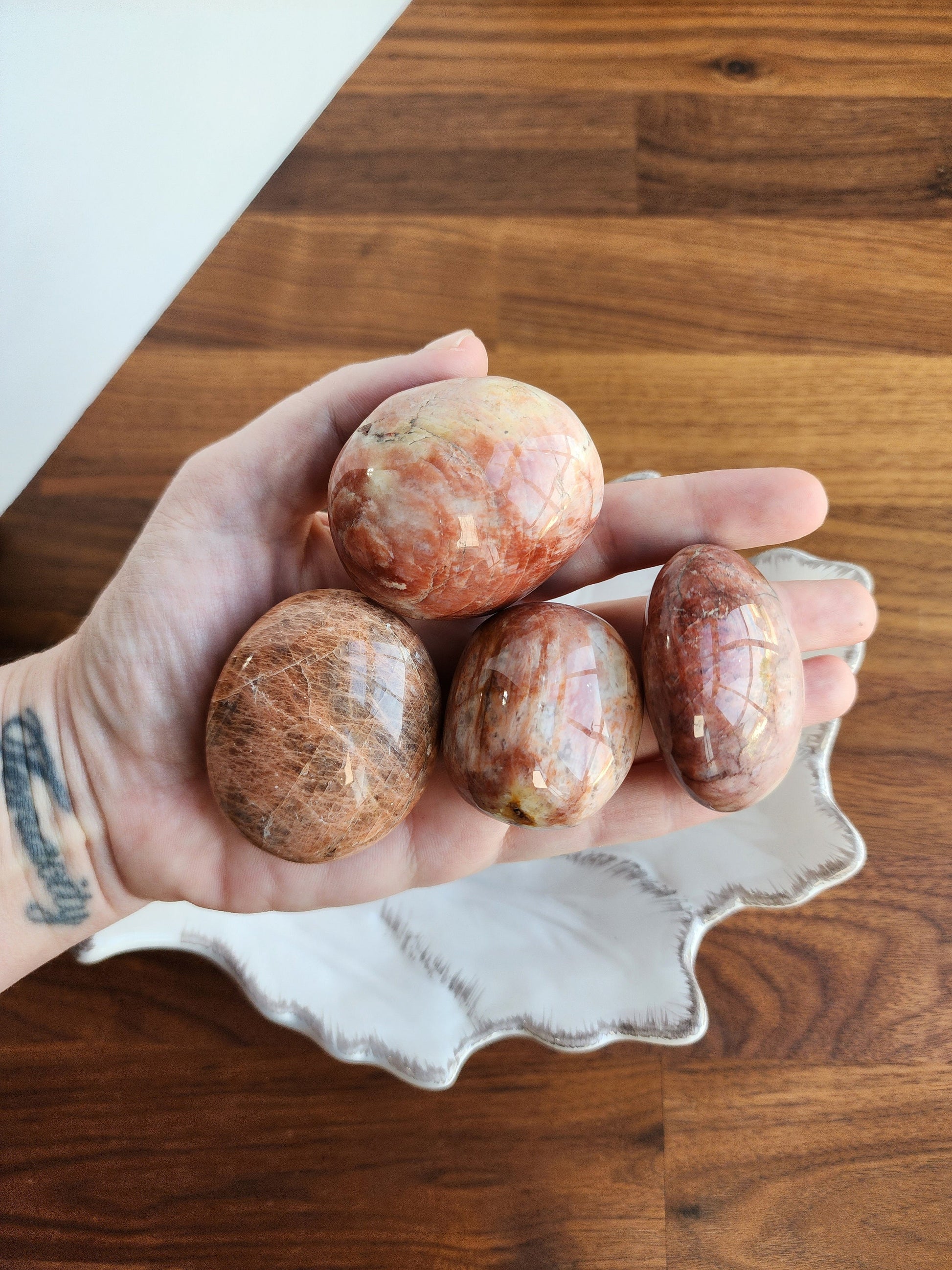 Peach Moonstone Palms | Pink and Peach Palm Stones with a touch of Fire Quartz | Flashy Large Pocket Stones | Intuitively Chosen