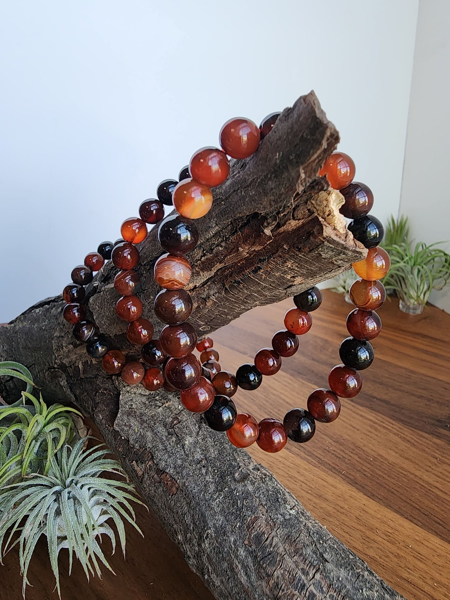 Red Ribbon Agate Bracelet | 8MM Crystal Beads | Red Dream Agate | Red, Black & Coffee Colored Jewelry | Fun Christmas or Yule Gift Idea