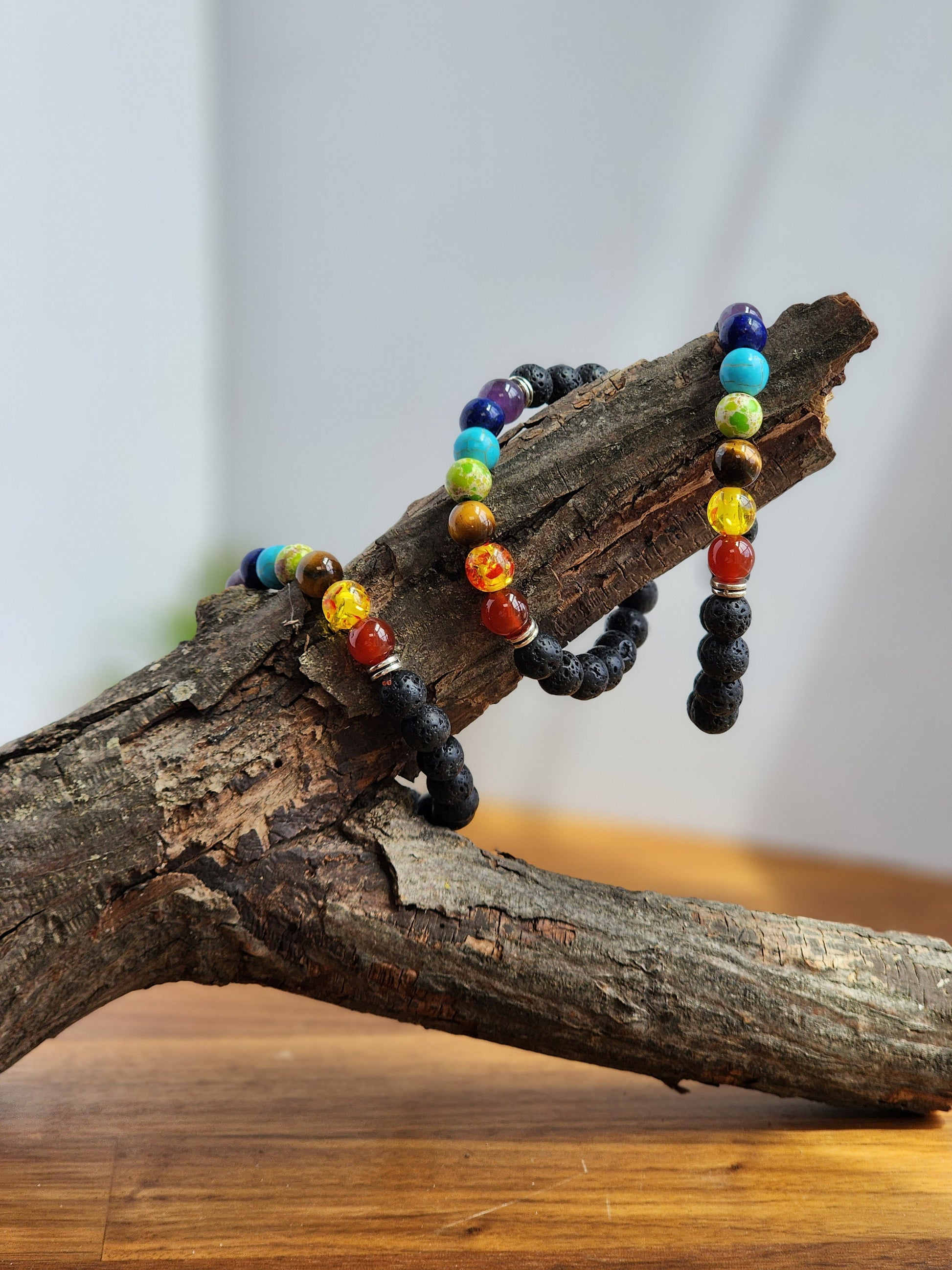 Chakra Bracelet | Black Lava Rock and Assorted 8MM Chakra Color Beads | Use for Meditation | Crystal Healing | Rainbow Boho Jewelry