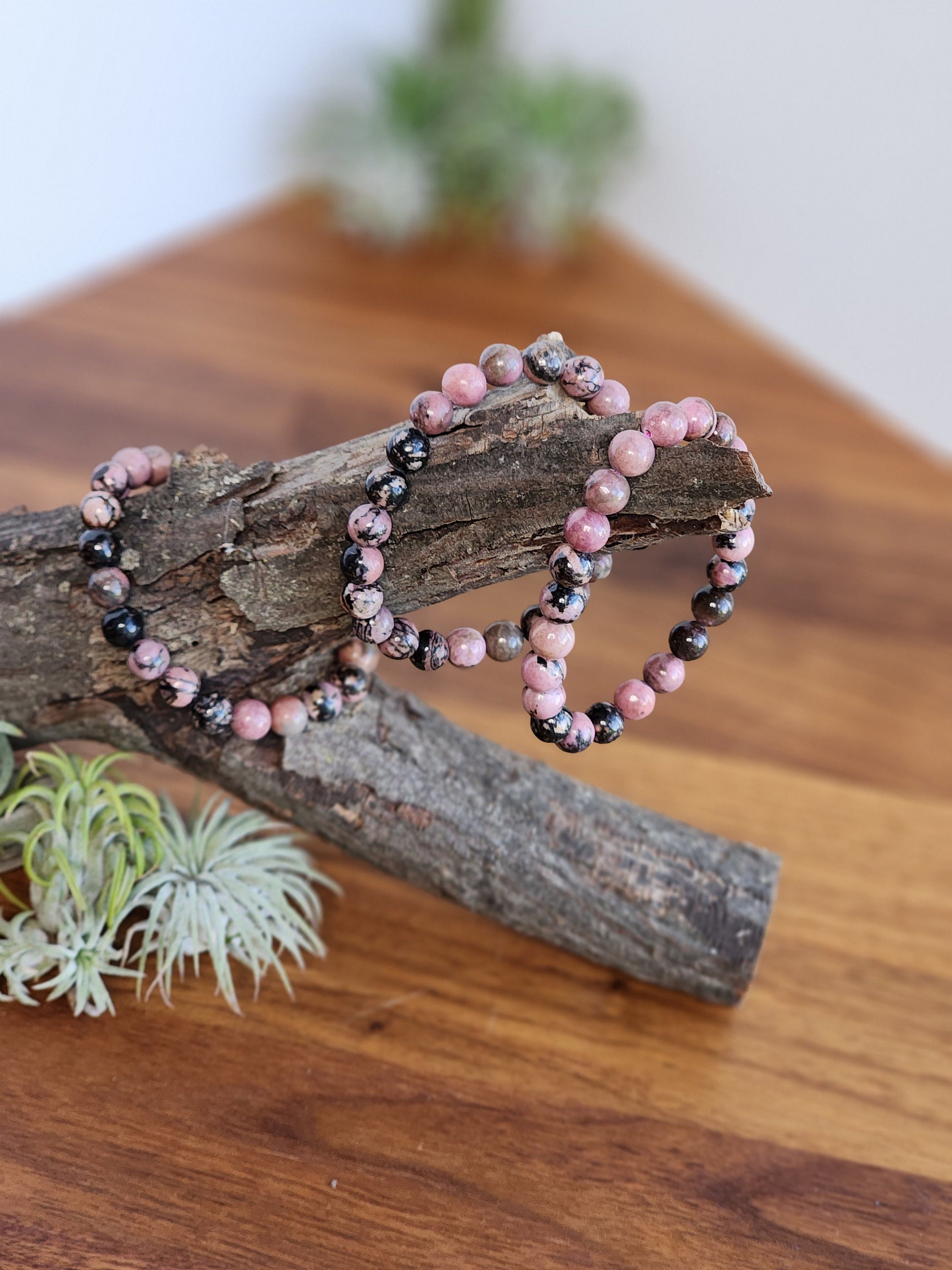 Black Veined Rhodonite Bracelet: 8MM Pink Crystal Beads with Spideweb Patterns | Edgy Cool Gift for a Goth Girl or a Steampunk Teen