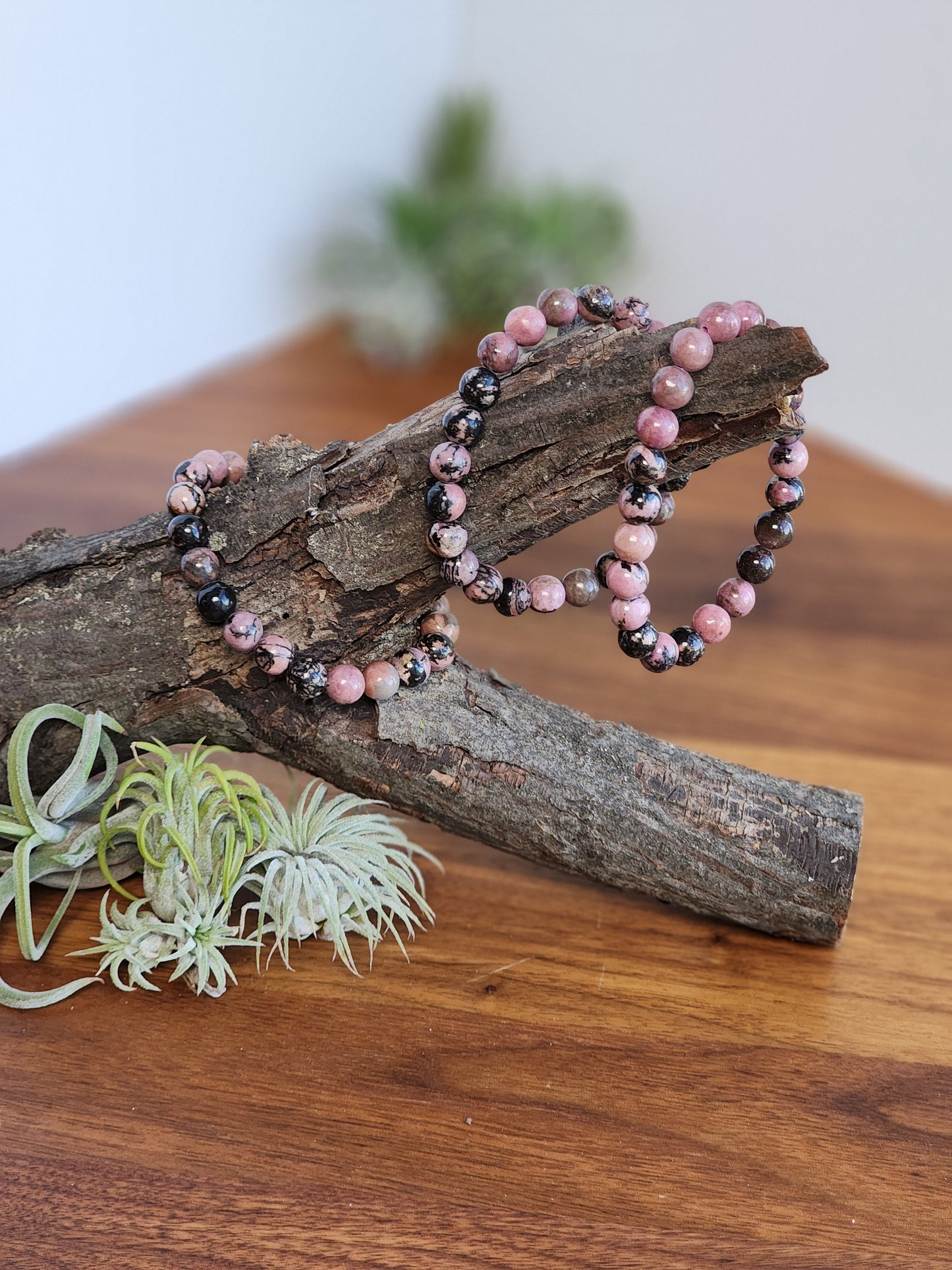 Black Veined Rhodonite | 8MM Crystal Bracelet | Vibrant Pink with Veins of Black & Tan | Natural Jewelry | Valentine Gift | Goth Girl Fav