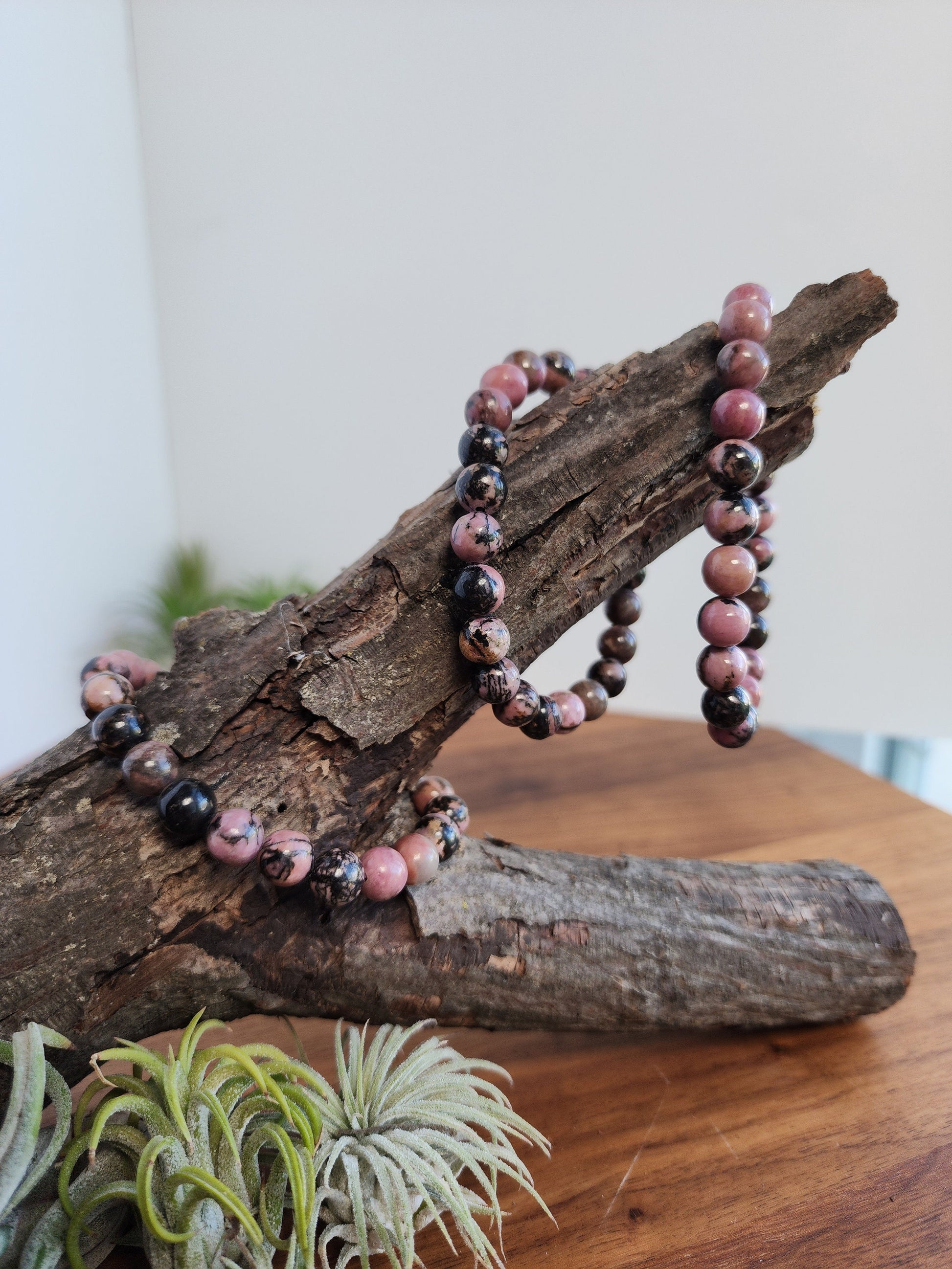 Black Veined Rhodonite | 8MM Crystal Bracelet | Vibrant Pink with Veins of Black & Tan | Natural Jewelry | Valentine Gift | Goth Girl Fav