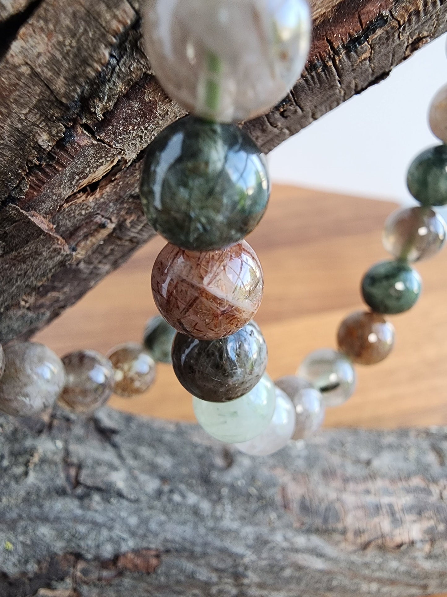 Green Routille Bracelet | 8MM Crystal Jewelry | Green & Gold Routille in Clear Quartz Matrix | Some Peachy Garden Like Inclusions | Gift