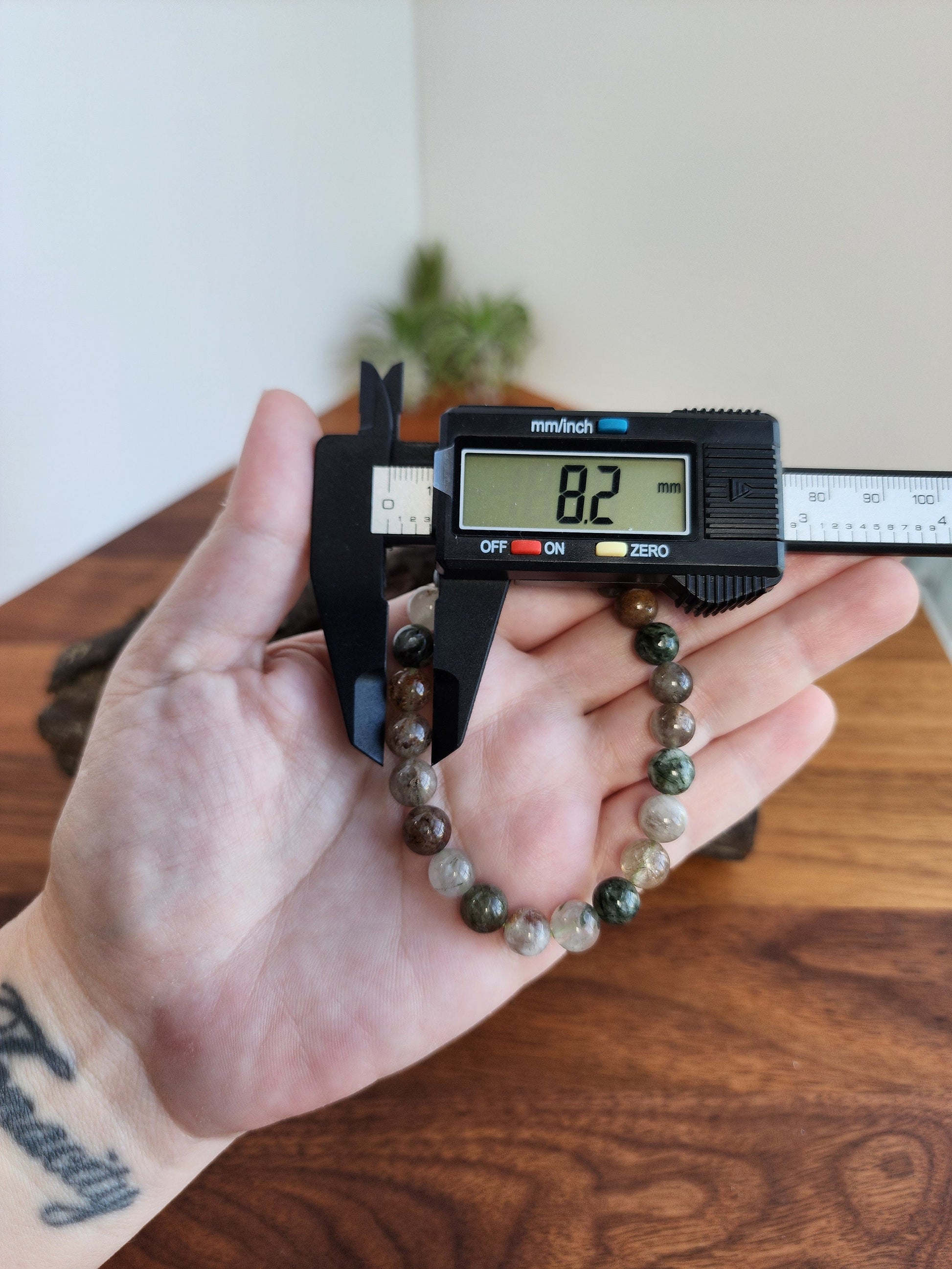 Green Routille Bracelet | 8MM Crystal Jewelry | Green & Gold Routille in Clear Quartz Matrix | Some Peachy Garden Like Inclusions | Gift