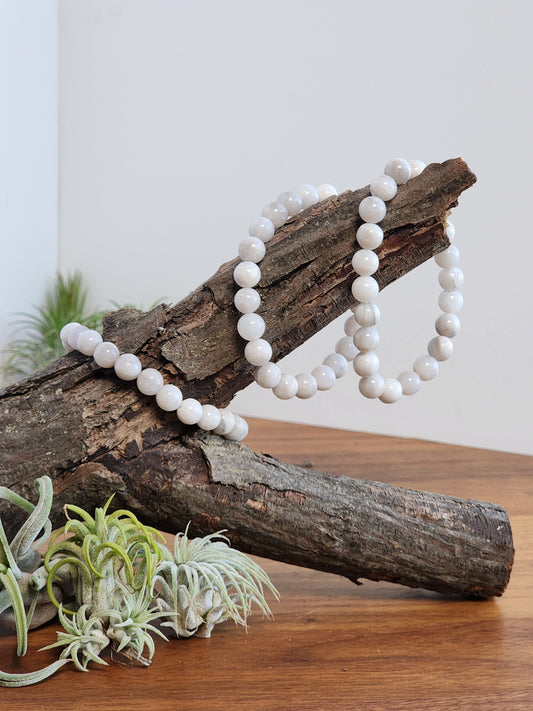 Rare White Crazy Lace Agate Bracelet: 8MM Crystal Beads on Stretchy Band | Minimalist Handmade Jewelry | Boho Chic Winter