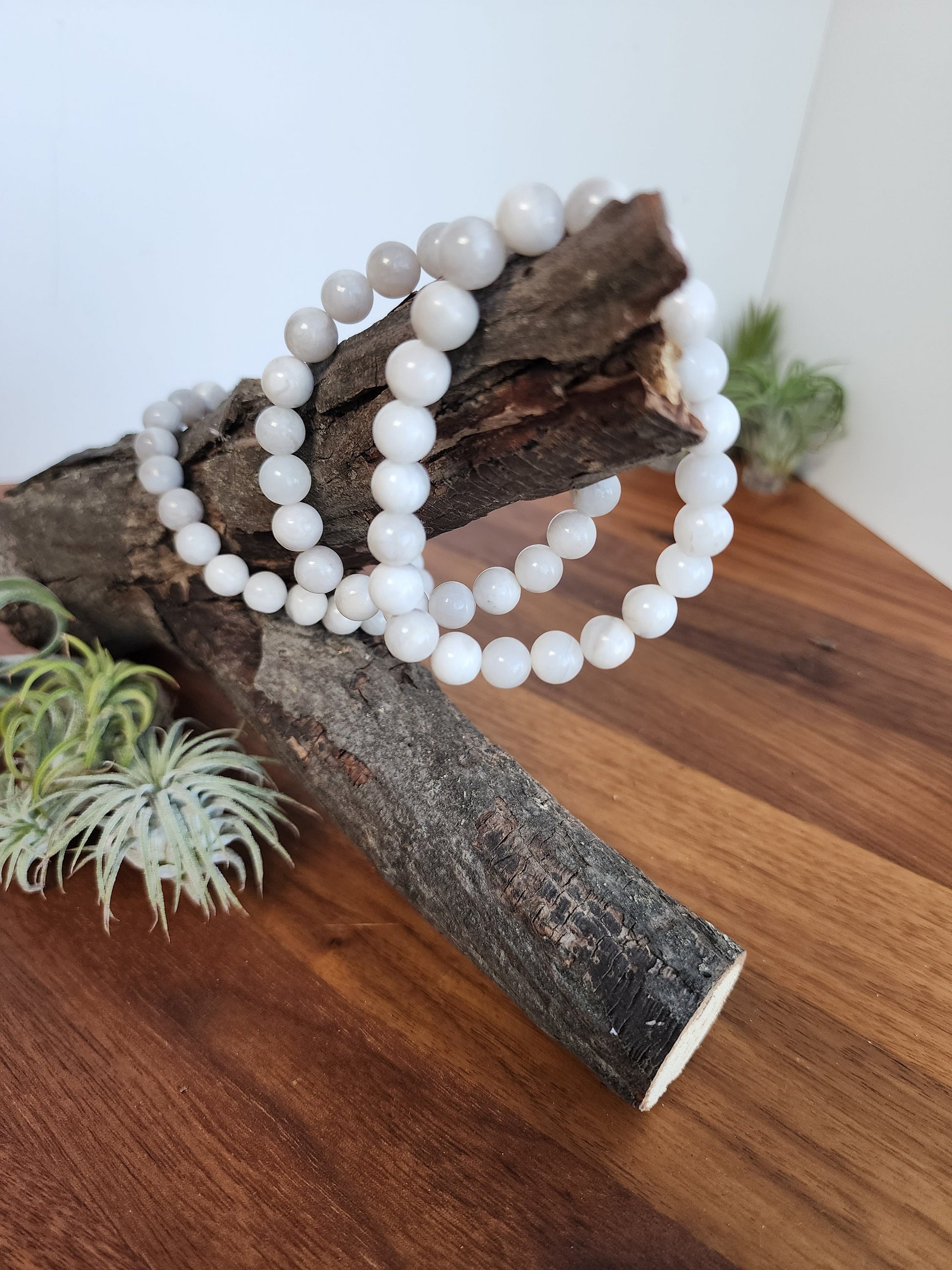 Rare White Crazy Lace Agate Bracelet: 8MM Crystal Beads on Stretchy Band | Minimalist Handmade Jewelry | Boho Chic Winter