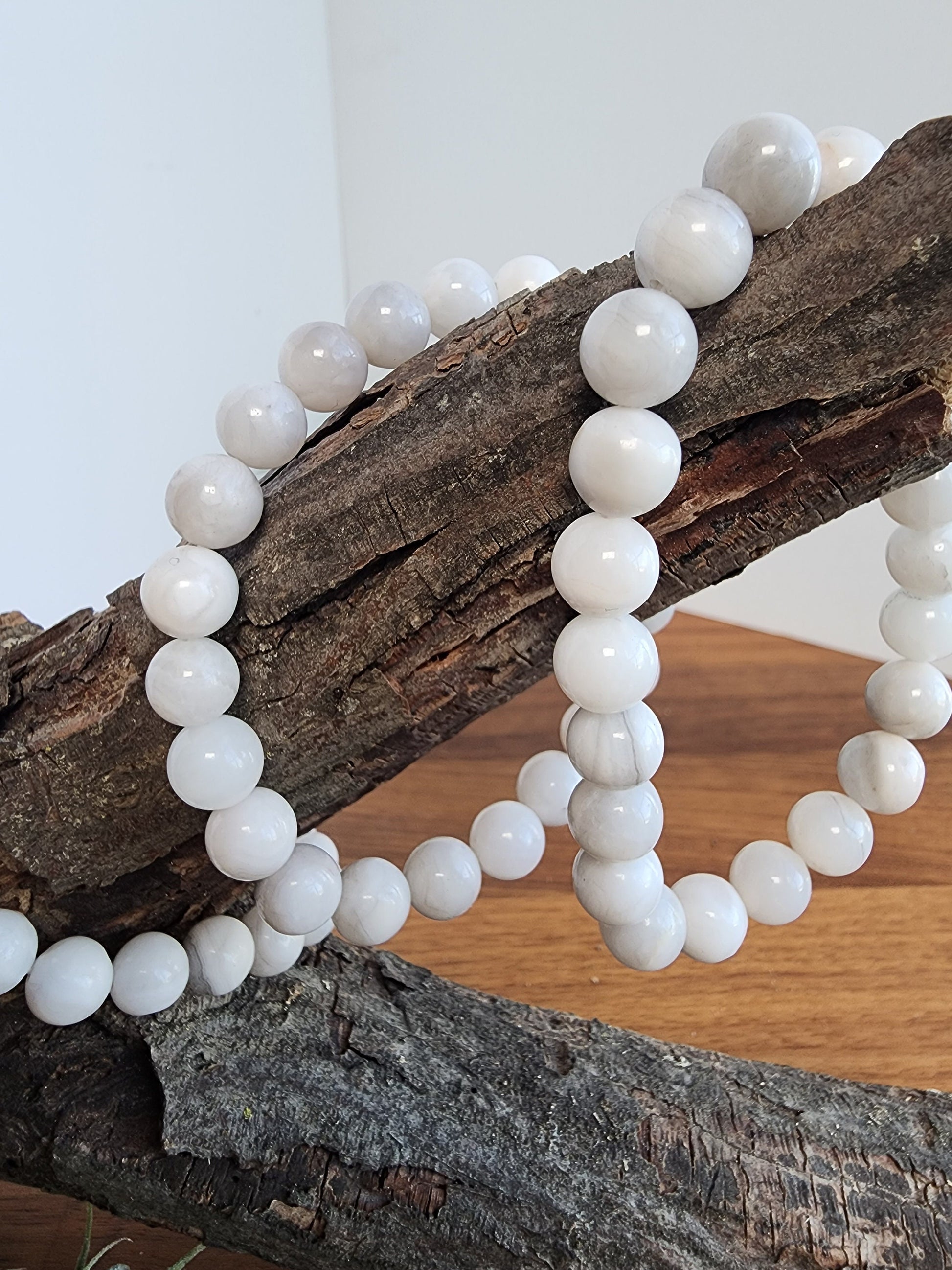 Rare White Crazy Lace Agate Bracelet: 8MM Crystal Beads on Stretchy Band | Minimalist Handmade Jewelry | Boho Chic Winter