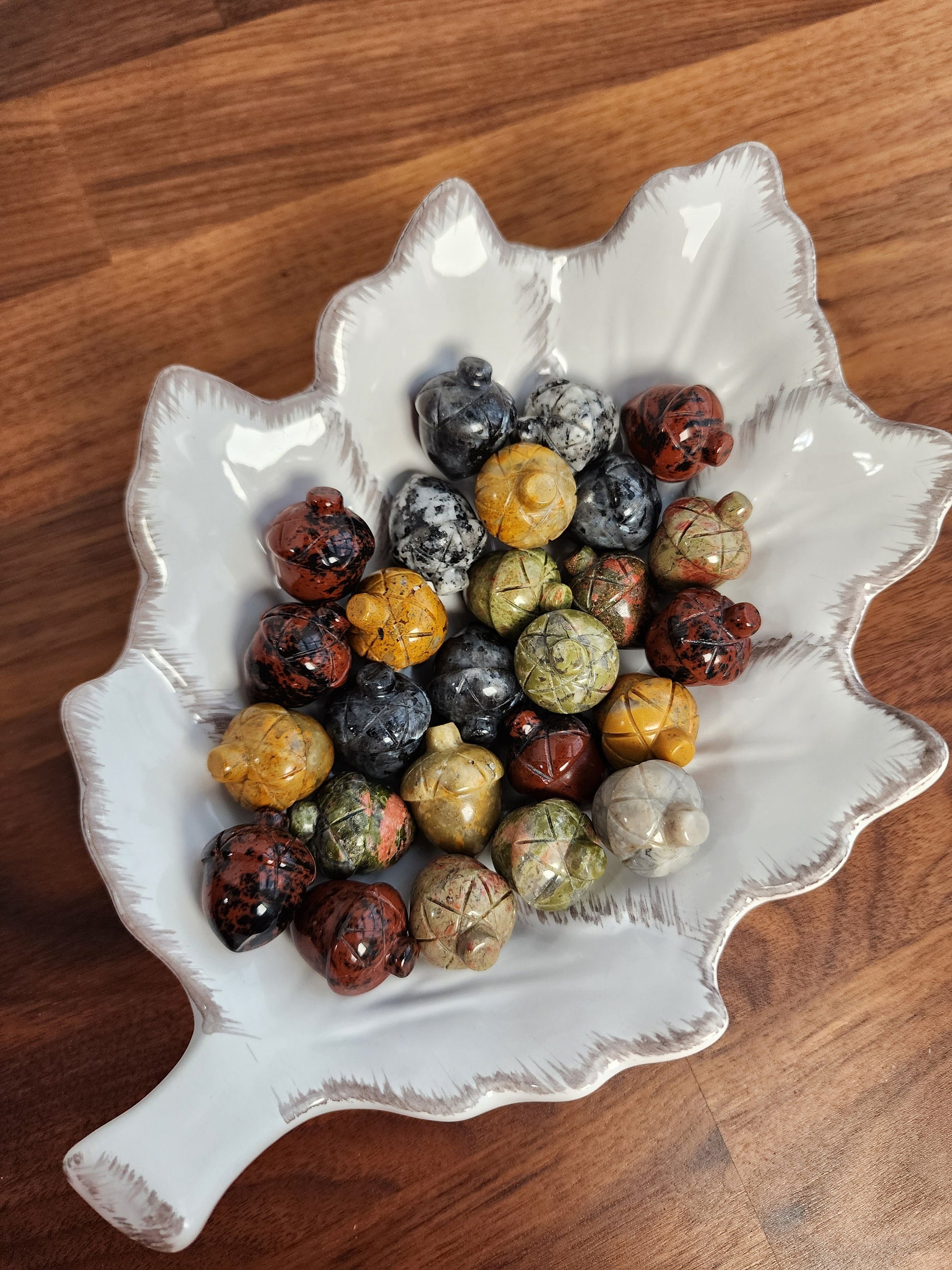 Crystal Acorns! | Yellow Crazy Lace, Green Unakite, Flashy Larvakite, Red Obsidian/Brown Mohagany Jasper, Granite | Choose Your Material!