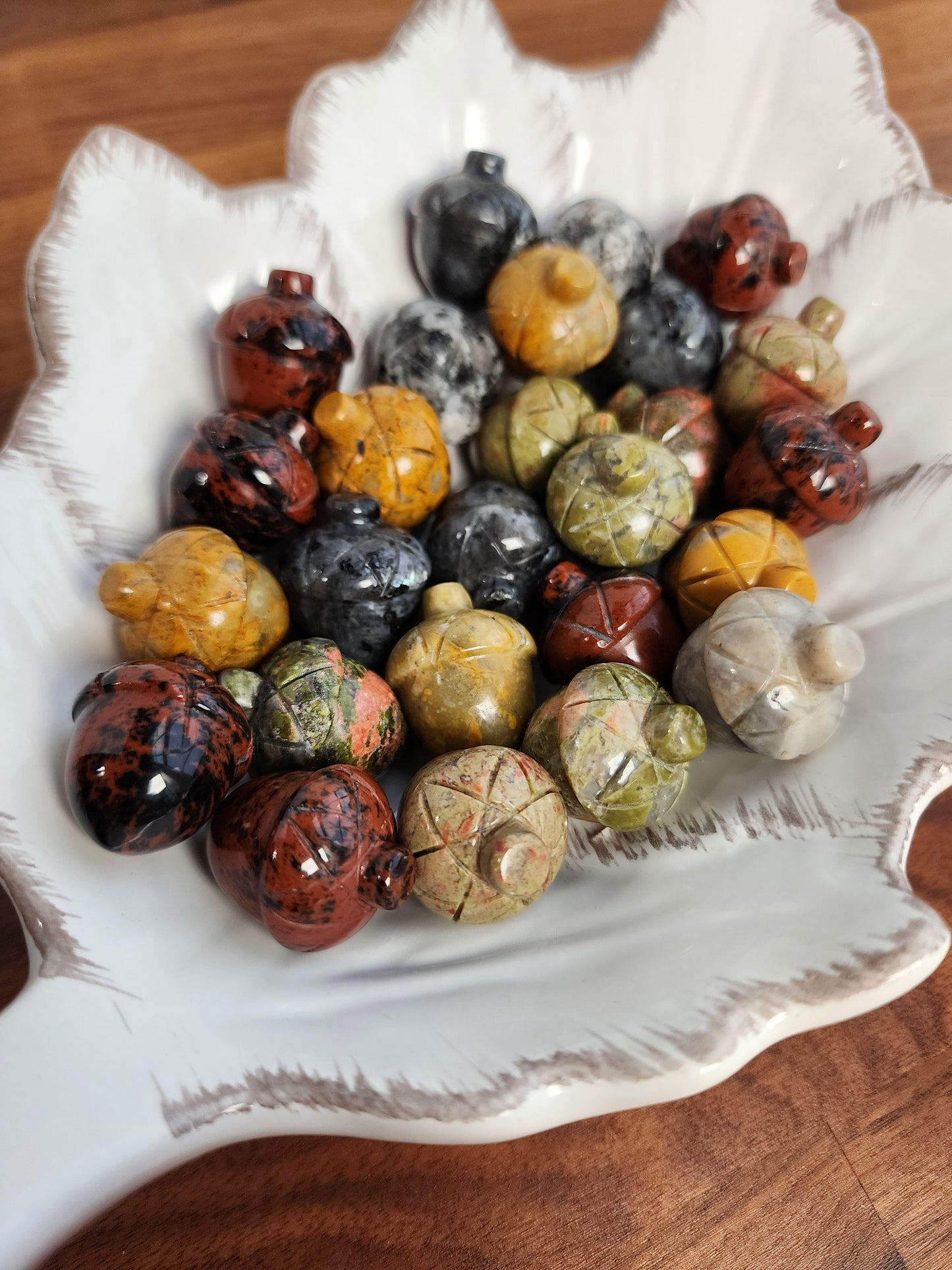 Crystal Acorns! | Yellow Crazy Lace, Green Unakite, Flashy Larvakite, Red Obsidian/Brown Mohagany Jasper, Granite | Choose Your Material!