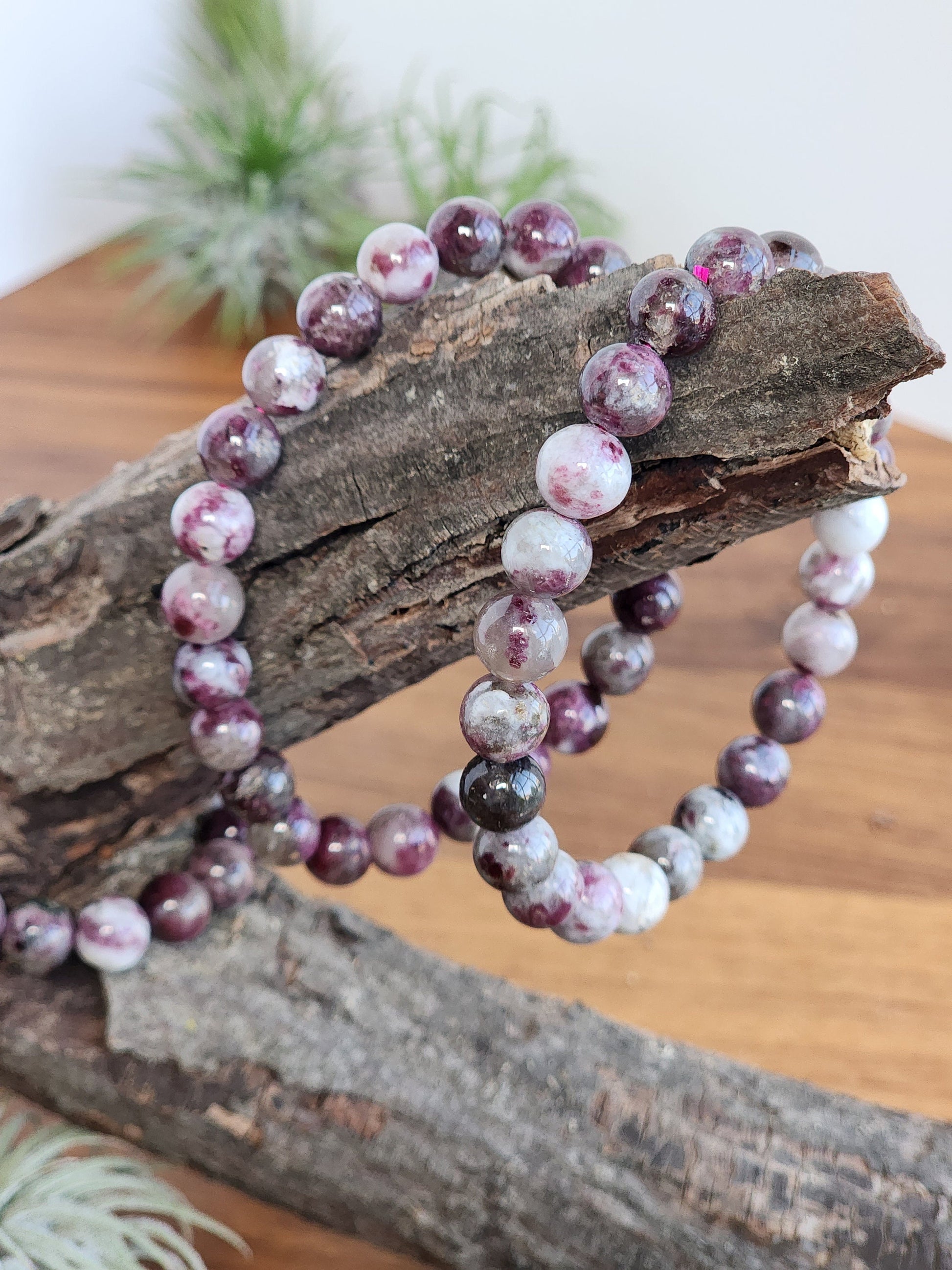 Plum Blossom Tourmaline | 8MM Crystal Bracelet | Natural Rubelite in Quartz | Purple, Pink Gray & White Jewelry | Unique and Girly