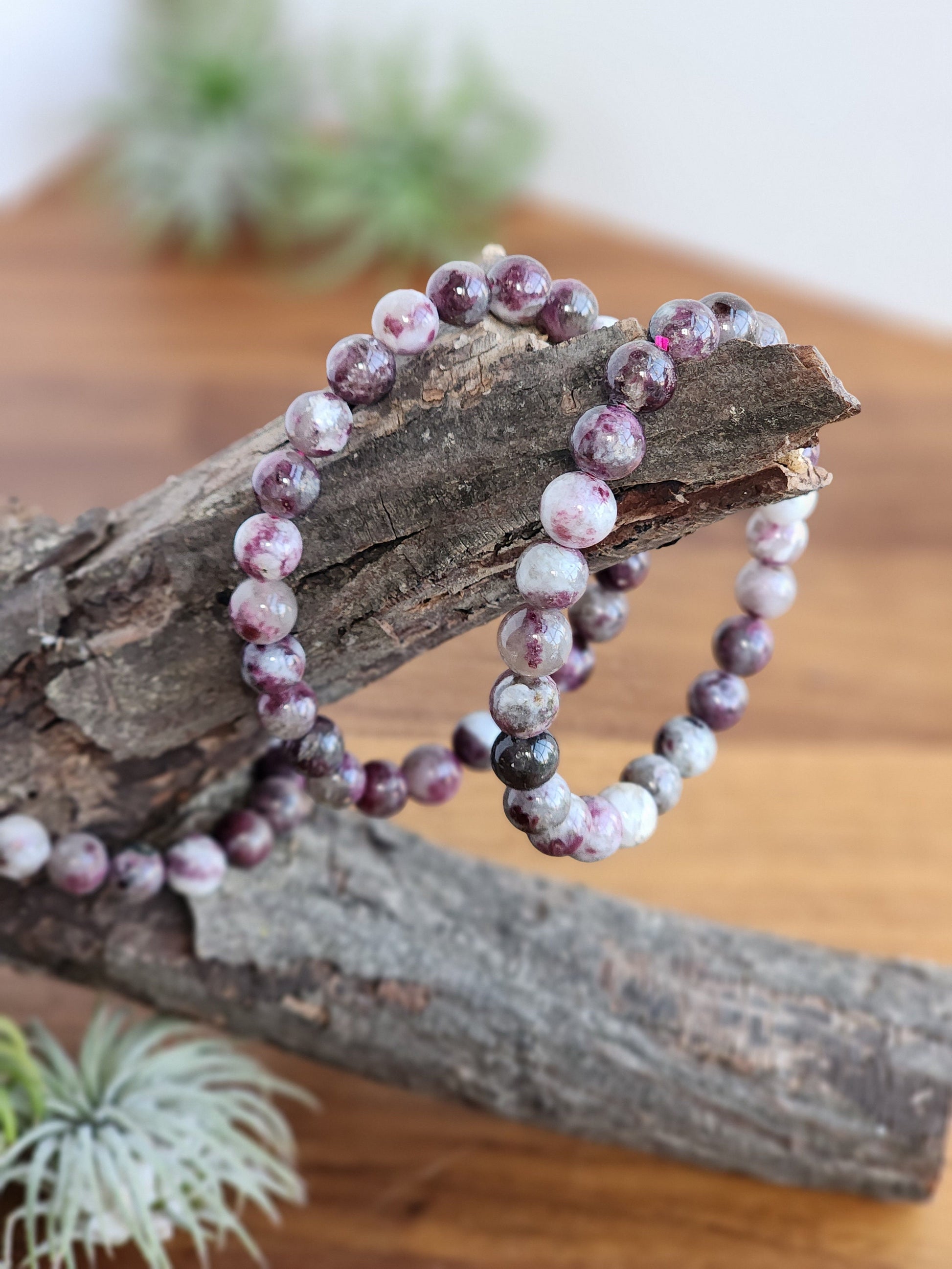 Plum Blossom Tourmaline | 8MM Crystal Bracelet | Natural Rubelite in Quartz | Purple, Pink Gray & White Jewelry | Unique and Girly