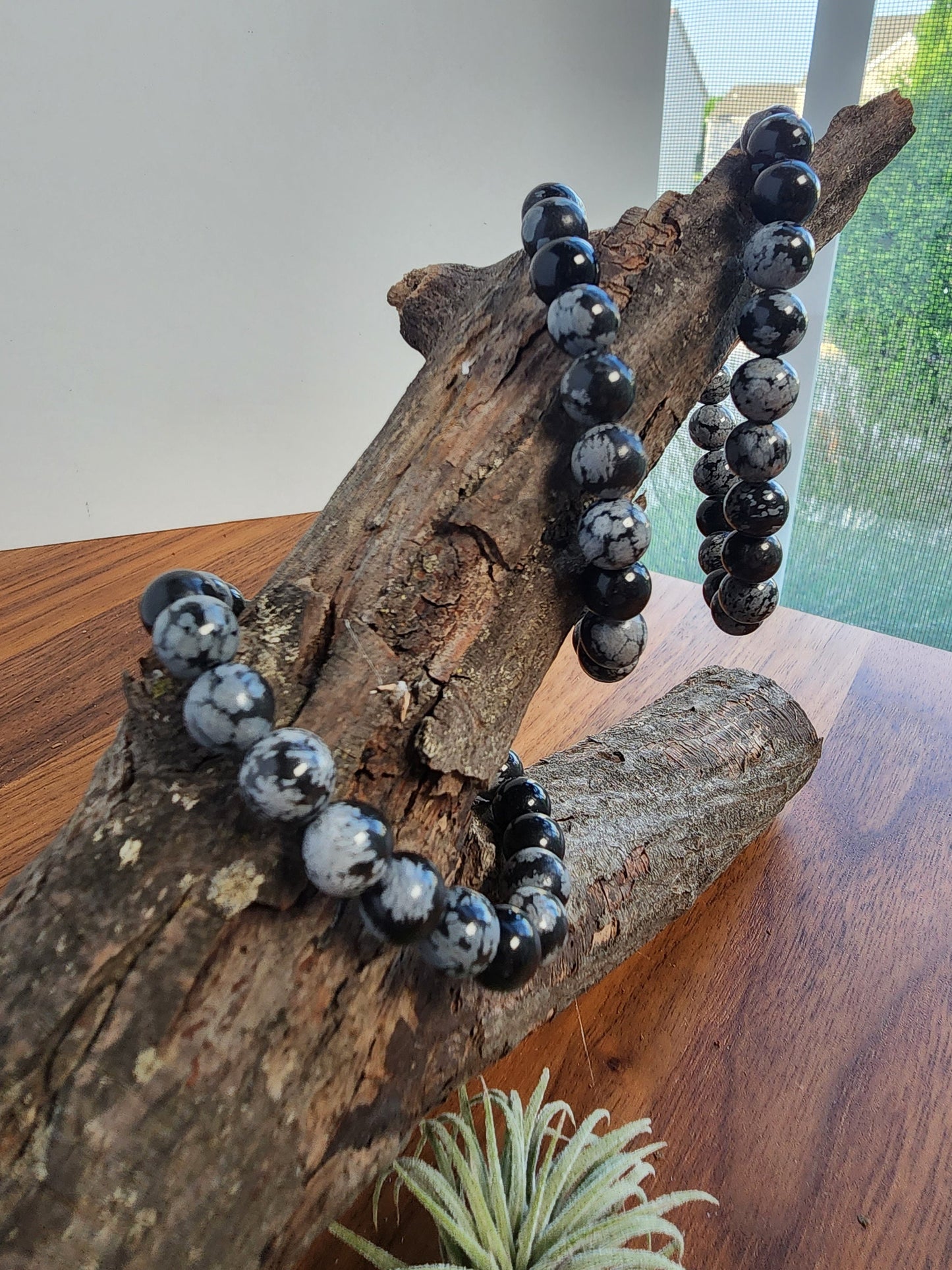 Snowflake Obsidian Bracelet | 8MM Black Crystal Beads with White Chrysanthemum Blooms | Gothic Gift for Women & Men | Matching Couple Idea