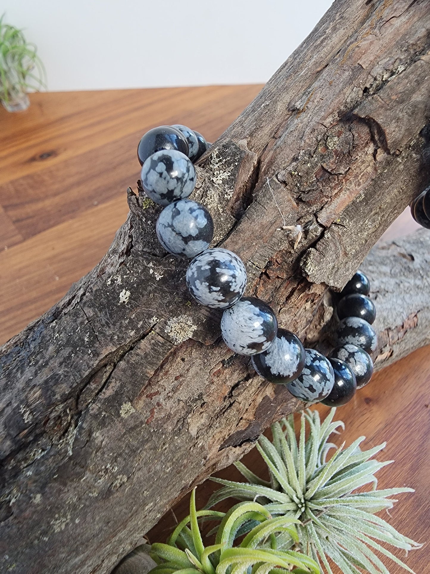 Snowflake Obsidian Bracelet | 8MM Black Crystal Beads with White Chrysanthemum Blooms | Gothic Gift for Women & Men | Matching Couple Idea