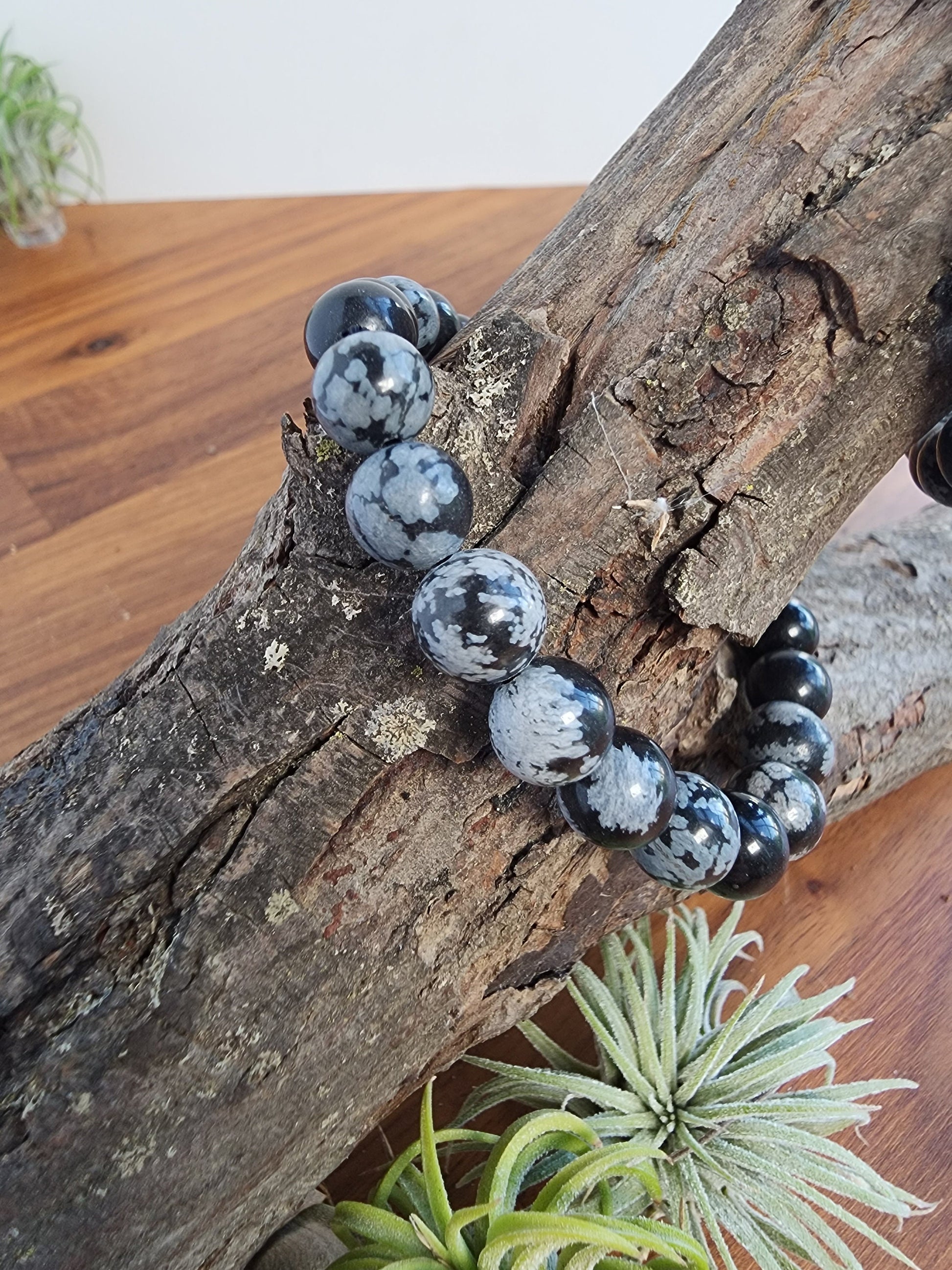 Snowflake Obsidian Bracelet | 8MM Black Crystal Beads with White Chrysanthemum Blooms | Gothic Gift for Women & Men | Matching Couple Idea