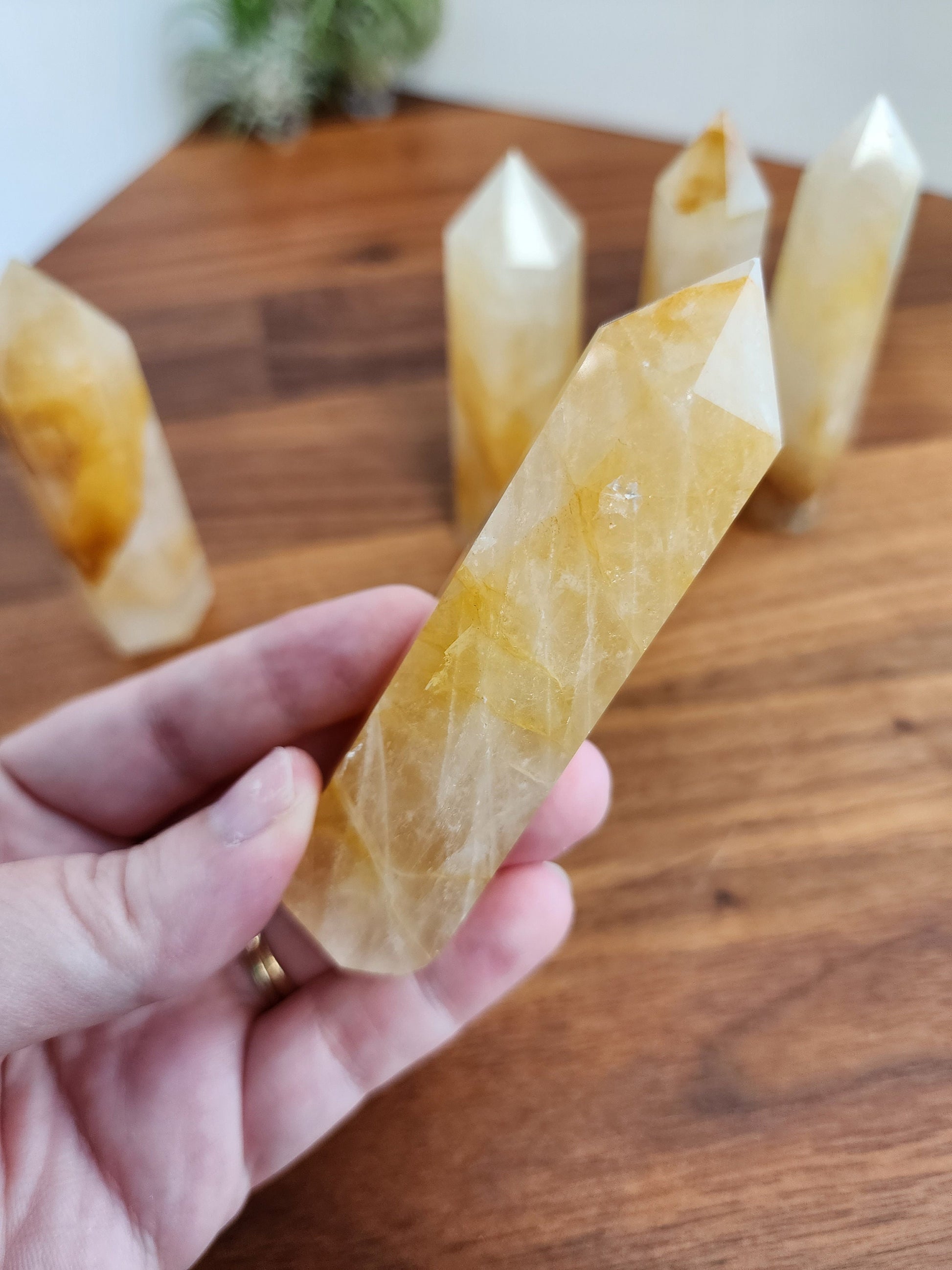 Golden Healer Towers | Yellow Crystal Points with Rainbows | Clear Quarts Obelisk with Golden Healer Inclusions | Intuitively Chosen