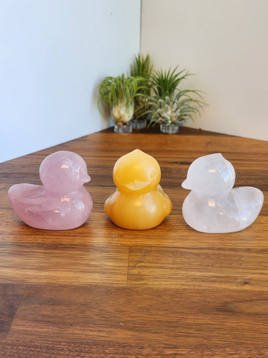 Crystal Ducks | Larger Duck Crystals | Orange Calcite (Yellow), Rose Quartz (Pink), Clear Quartz | Rubber Ducky | Choose Your Material