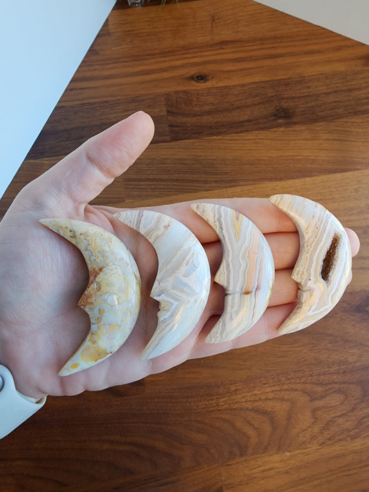 Crazy Lace Moons | Crescent Moons with Mexico Agate Yellow, Cream, Blue, and Peach Banding | Some with Druzy | | Choose Your Crystal