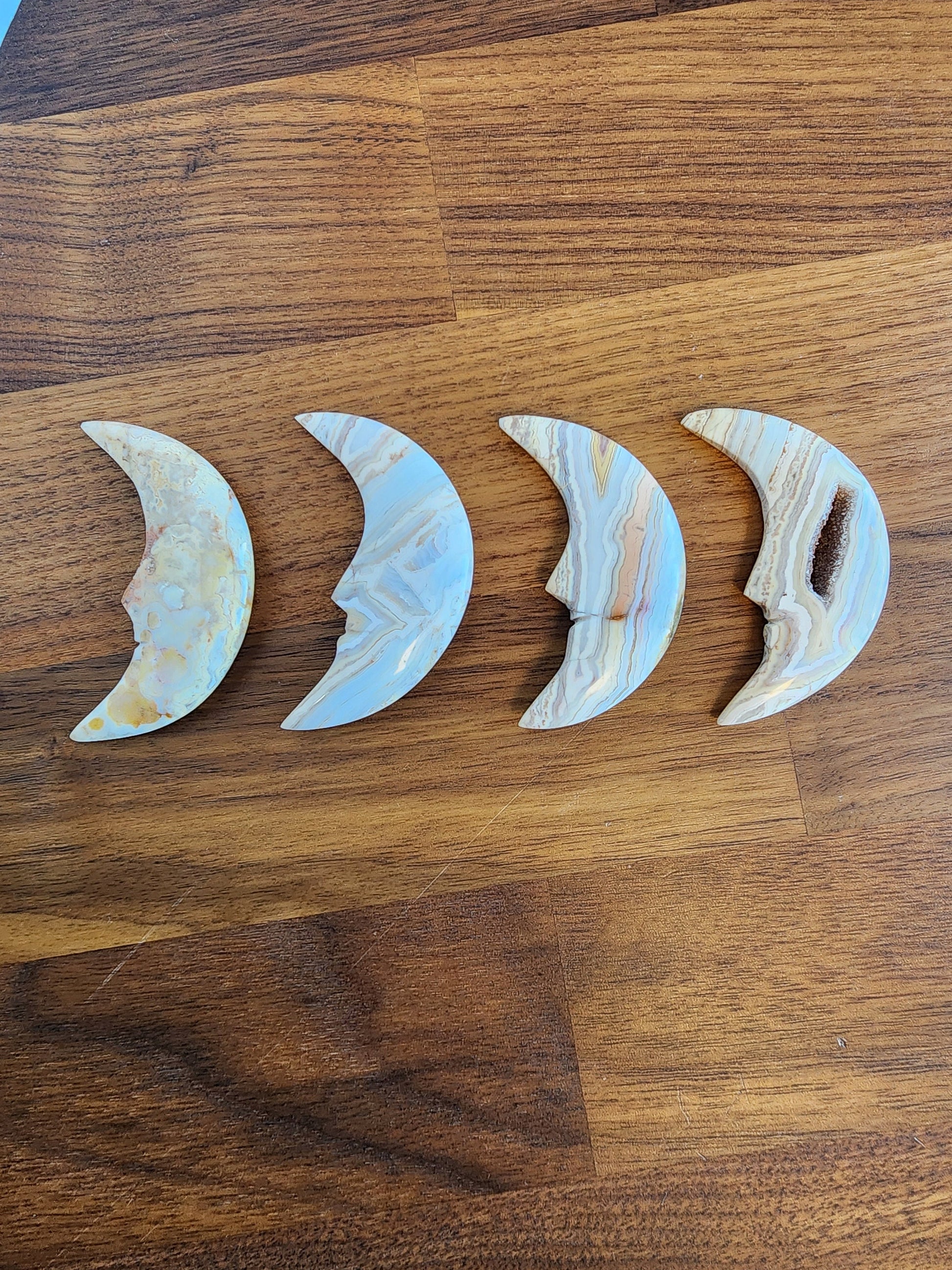 Crazy Lace Moons | Crescent Moons with Mexico Agate Yellow, Cream, Blue, and Peach Banding | Some with Druzy | | Choose Your Crystal