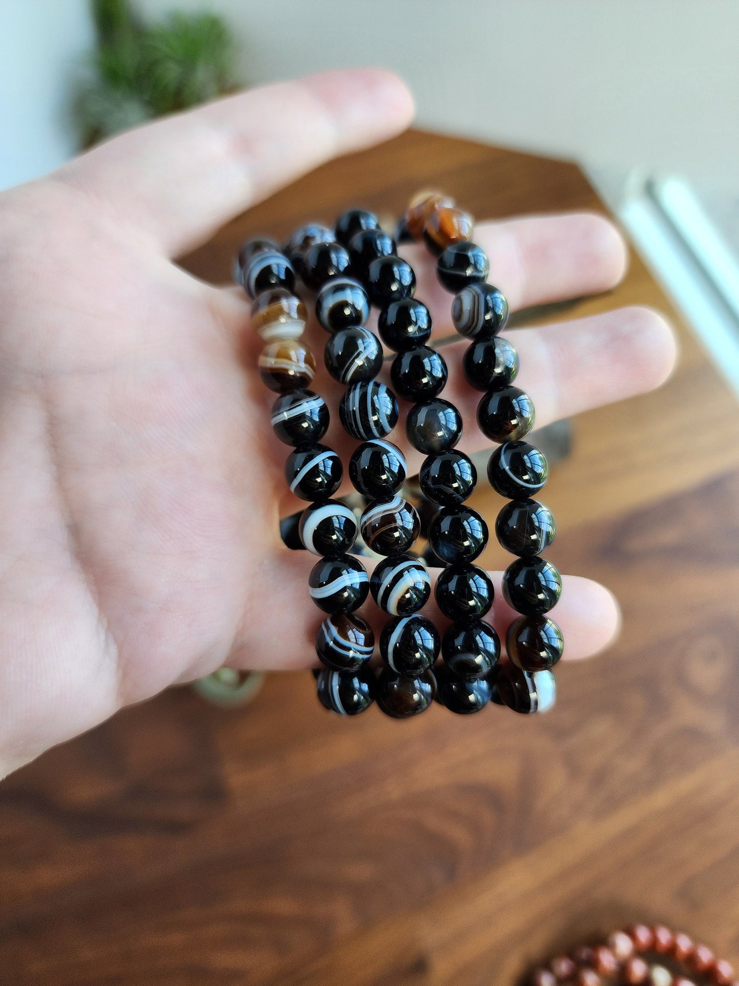 Black Agate Bracelet | Striped Sardonyx Agate | White & Coffee Banded Patterns | 8MM Crystal Beads on Stretch Bracelet | Intuitively Chosen