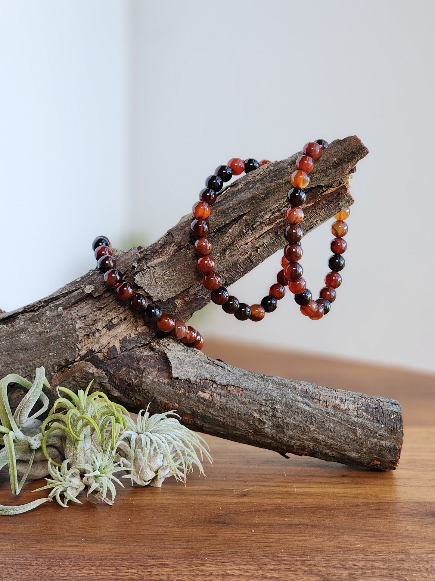 Red Ribbon Agate Bracelet | 8MM Crystal Beads | Red Dream Agate | Red, Black & Coffee Colored Jewelry | Fun Christmas or Yule Gift Idea