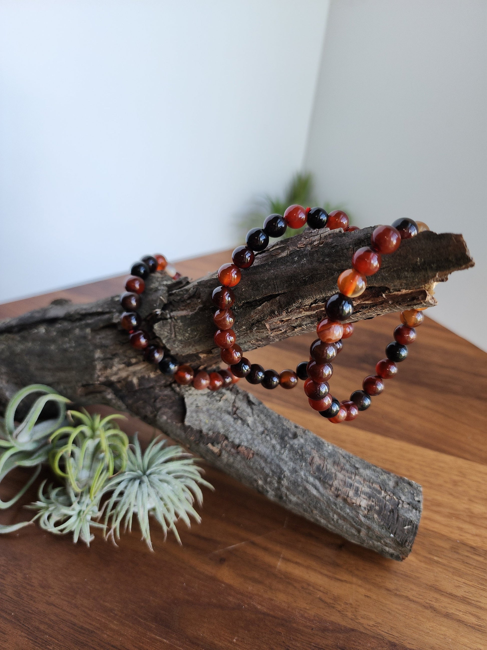 Red Ribbon Agate Bracelet | 8MM Crystal Beads | Red Dream Agate | Red, Black & Coffee Colored Jewelry | Fun Christmas or Yule Gift Idea