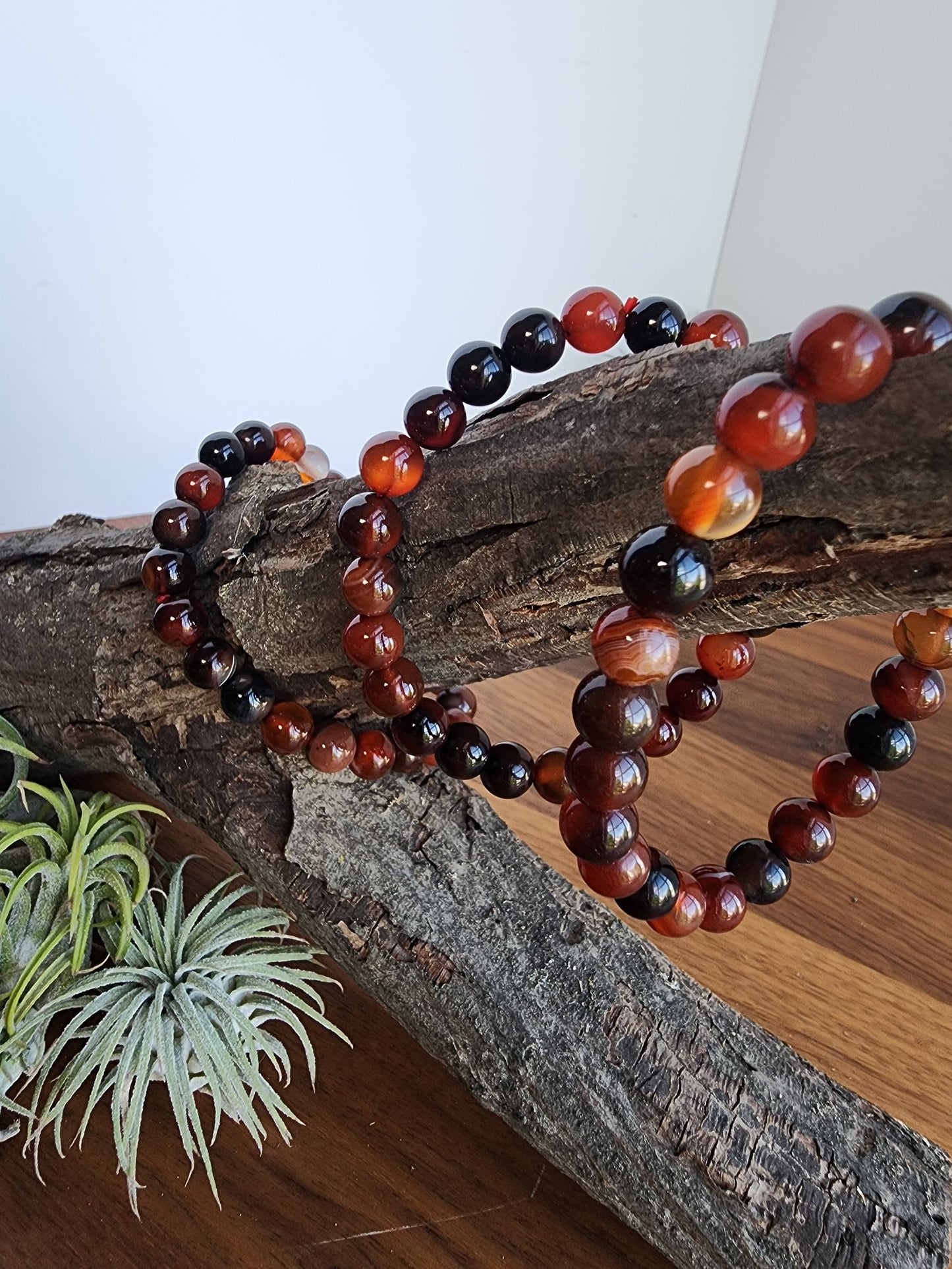 Red Ribbon Agate Bracelet | 8MM Crystal Beads | Red Dream Agate | Red, Black & Coffee Colored Jewelry | Fun Christmas or Yule Gift Idea