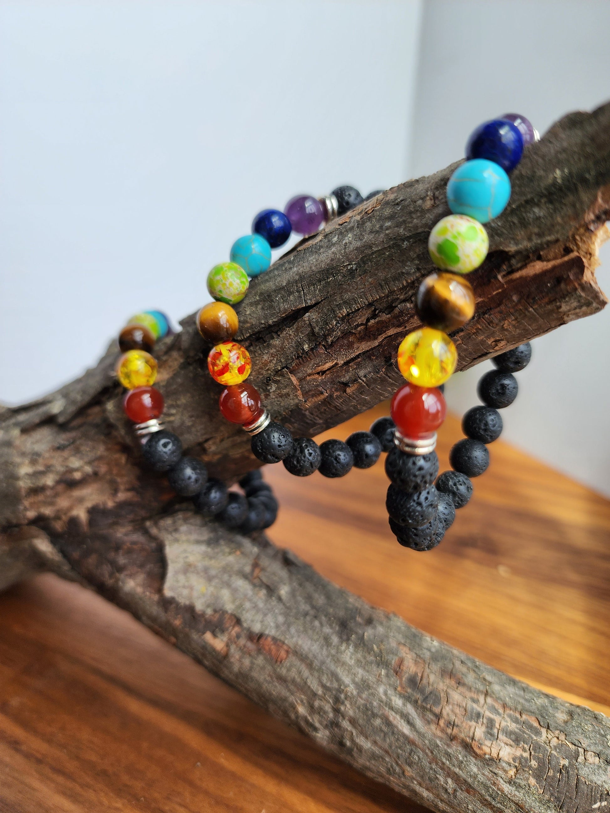 Chakra Bracelet | Black Lava Rock and Assorted 8MM Chakra Color Beads | Use for Meditation | Crystal Healing | Rainbow Boho Jewelry