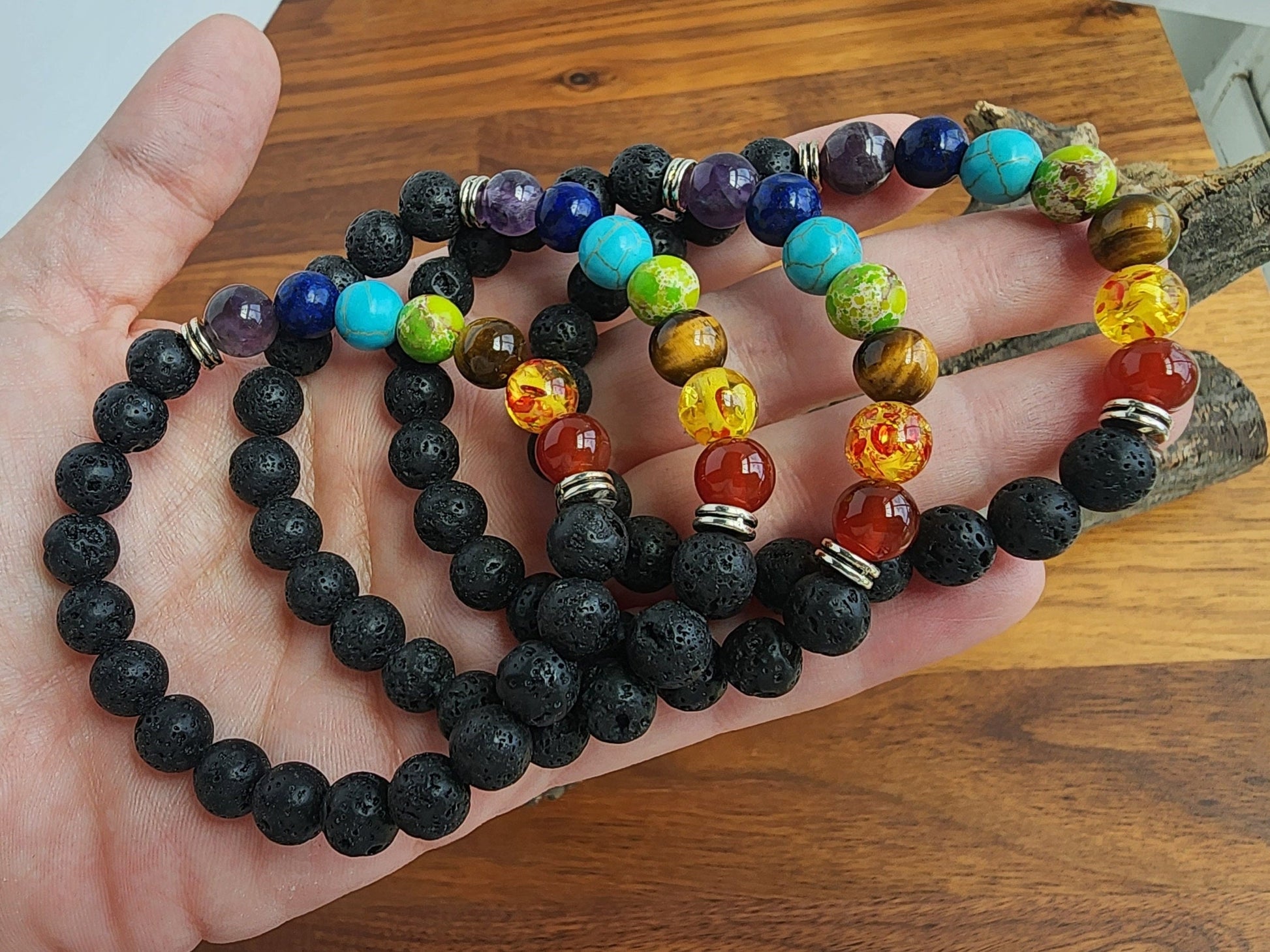 Chakra Bracelet | Black Lava Rock and Assorted 8MM Chakra Color Beads | Use for Meditation | Crystal Healing | Rainbow Boho Jewelry