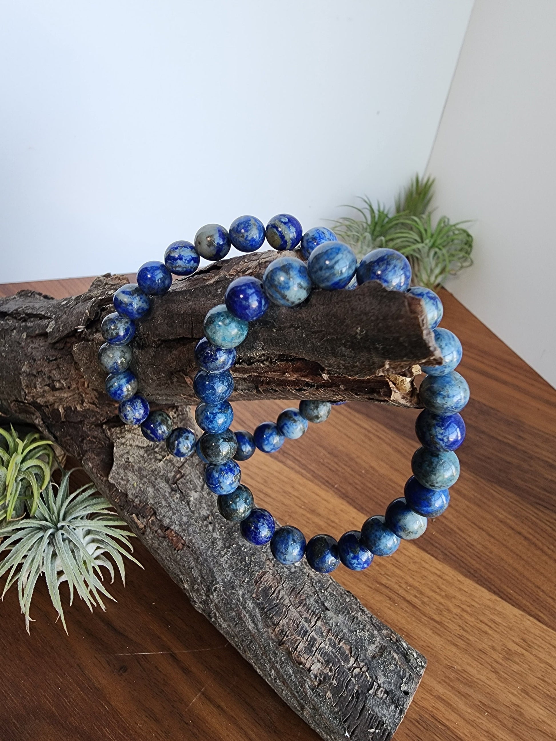 Lapis Lazuli | 8MM Crystal Bracelet | Intense Blue Metamorphic Rock with Pyrite | The Royalty Stone | Deep Navy Blue and Silver touches