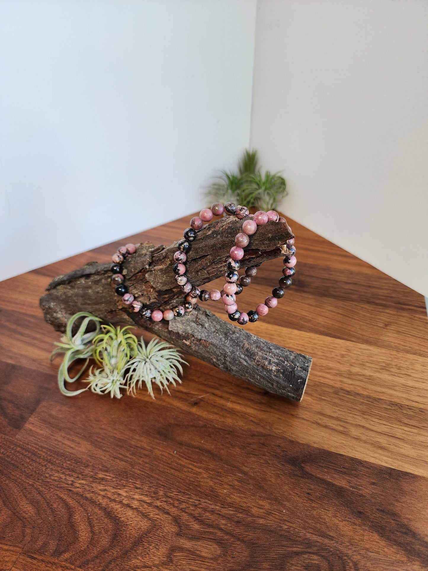 Black Veined Rhodonite Bracelet: 8MM Pink Crystal Beads with Spideweb Patterns | Edgy Cool Gift for a Goth Girl or a Steampunk Teen