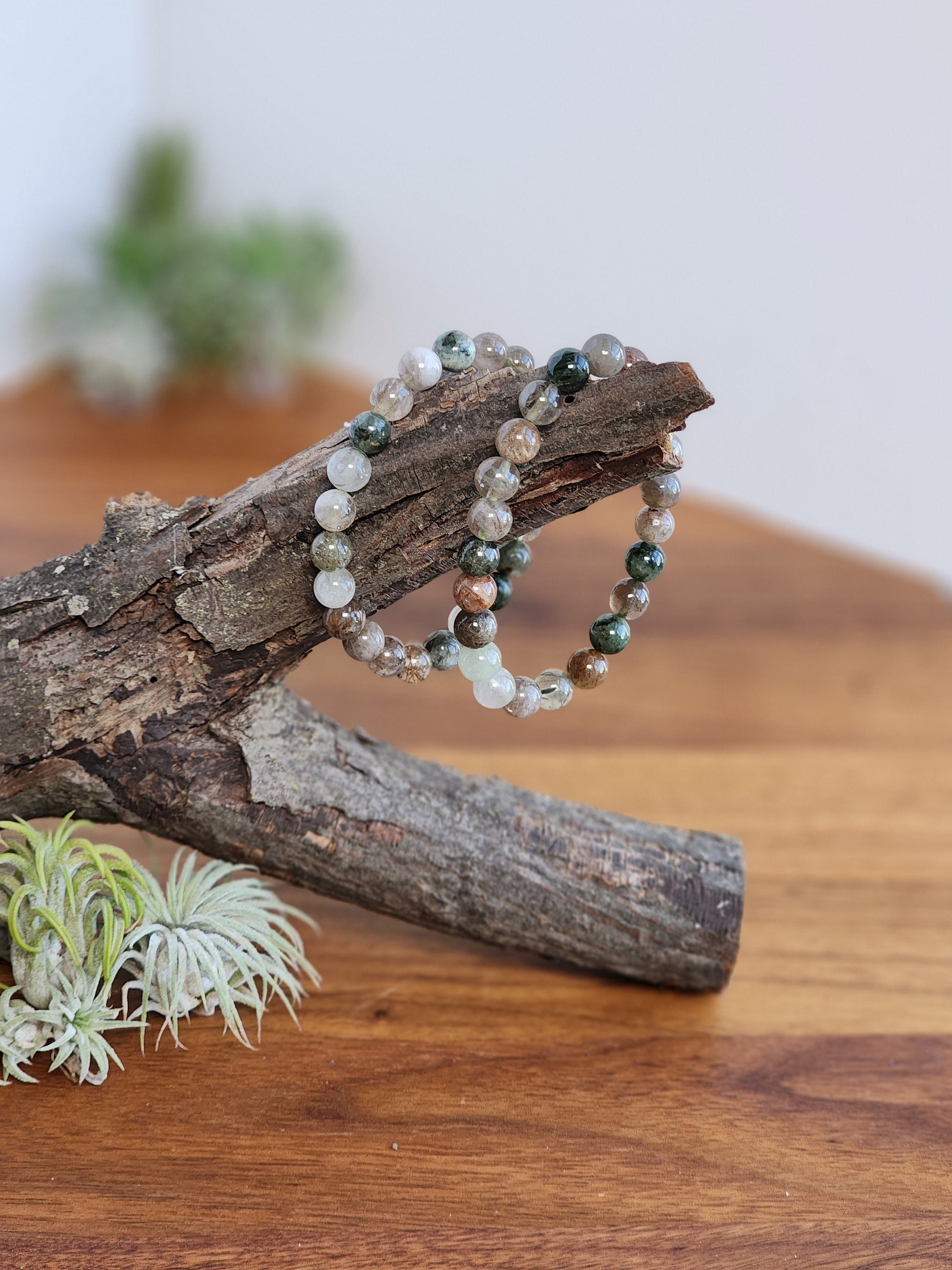 Green Routille Bracelet | 8MM Crystal Jewelry | Green & Gold Routille in Clear Quartz Matrix | Some Peachy Garden Like Inclusions | Gift