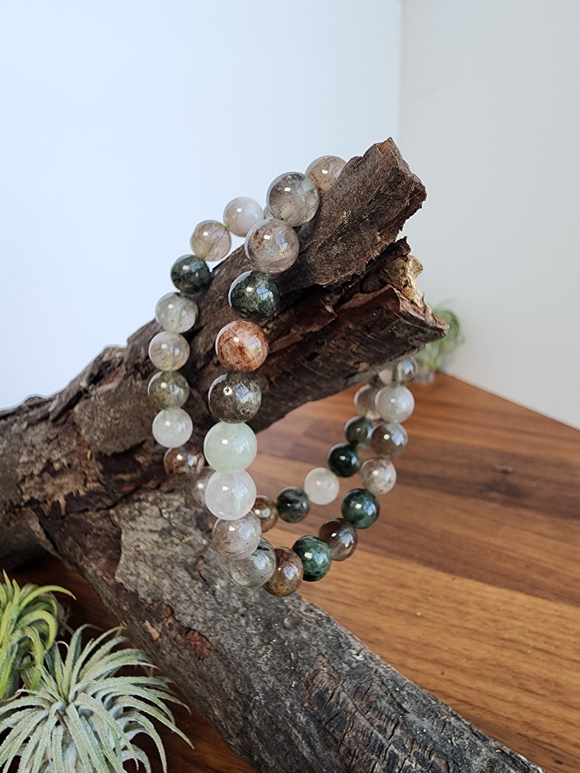Green Routille Bracelet | 8MM Crystal Jewelry | Green & Gold Routille in Clear Quartz Matrix | Some Peachy Garden Like Inclusions | Gift