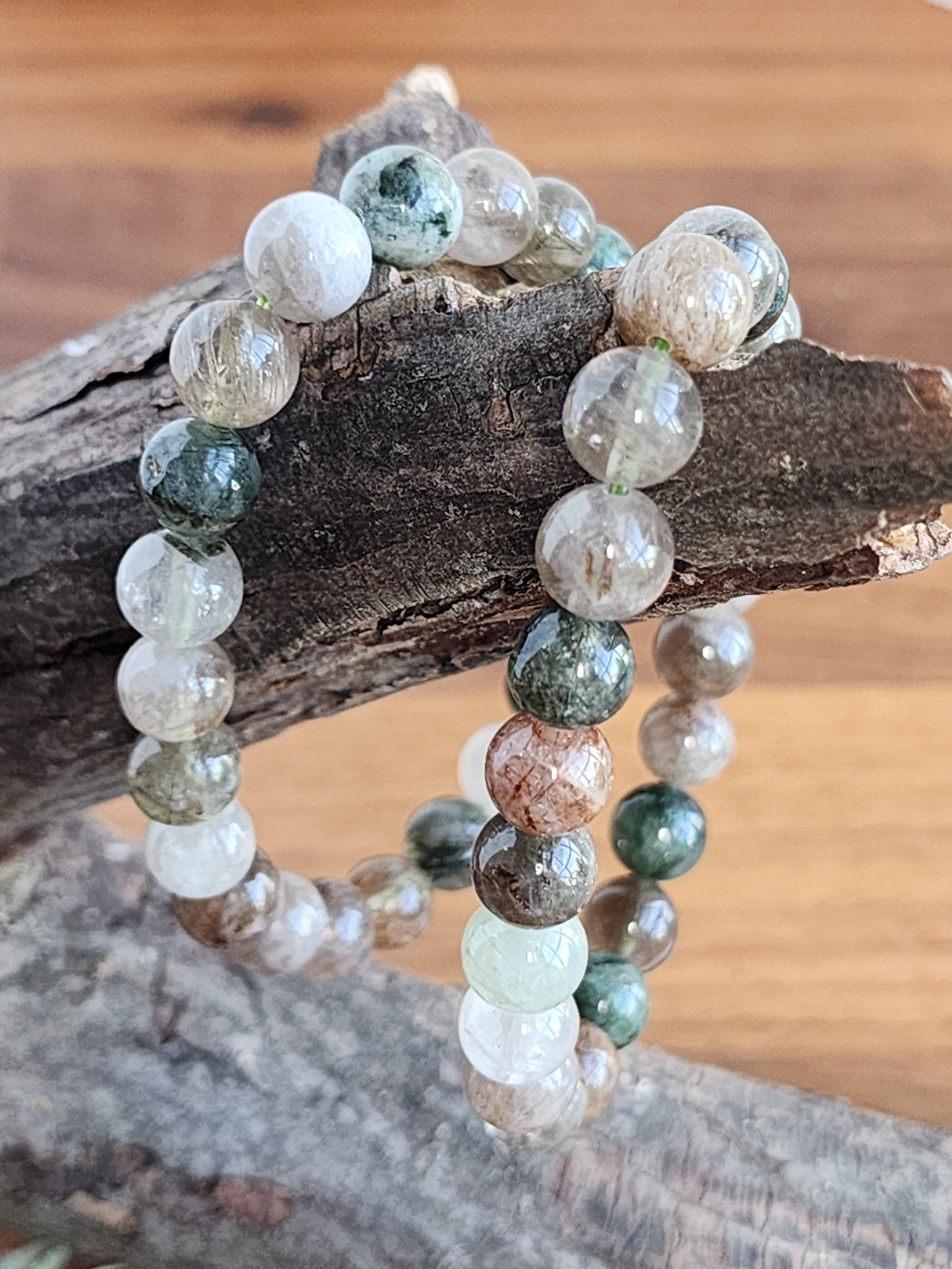 Green Routille Bracelet | 8MM Crystal Jewelry | Green & Gold Routille in Clear Quartz Matrix | Some Peachy Garden Like Inclusions | Gift