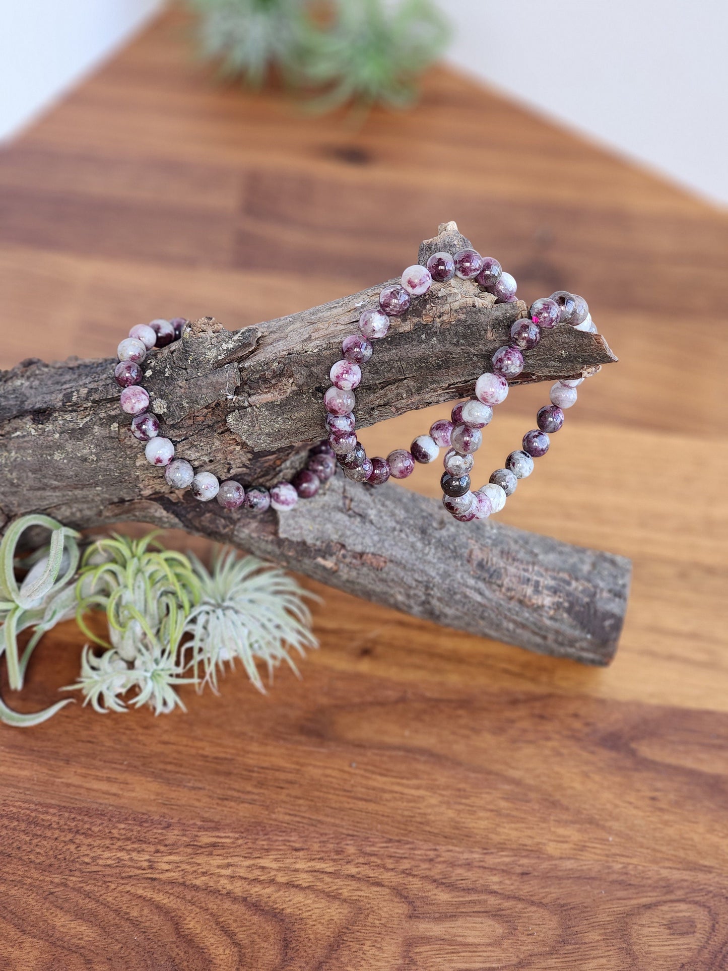 Plum Blossom Tourmaline | 8MM Crystal Bracelet | Natural Rubelite in Quartz | Purple, Pink Gray & White Jewelry | Unique and Girly