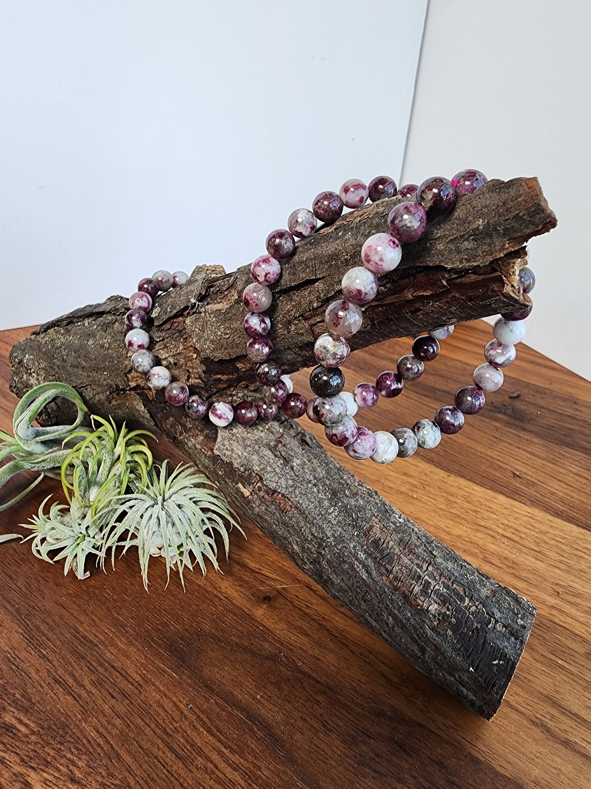 Plum Blossom Tourmaline | 8MM Crystal Bracelet | Natural Rubelite in Quartz | Purple, Pink Gray & White Jewelry | Unique and Girly