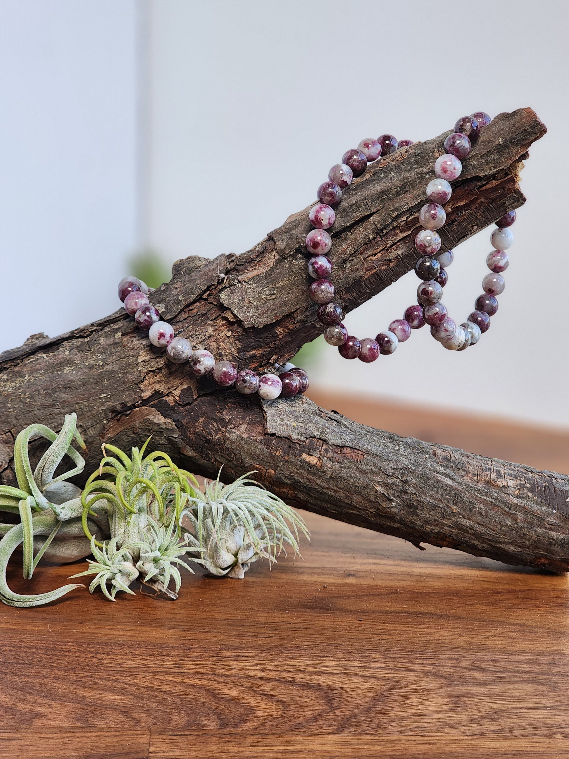 Plum Blossom Tourmaline | 8MM Crystal Bracelet | Natural Rubelite in Quartz | Purple, Pink Gray & White Jewelry | Unique and Girly