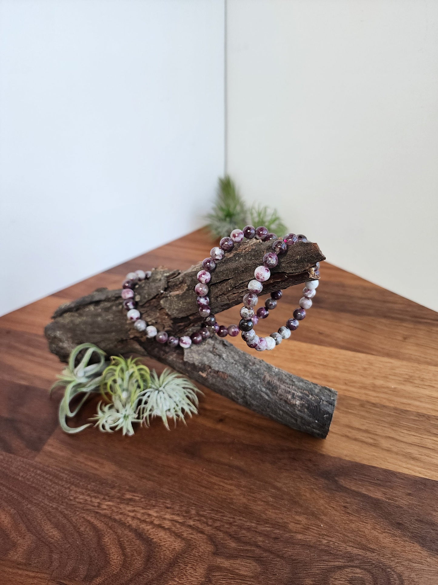 Plum Blossom Tourmaline | 8MM Crystal Bracelet | Natural Rubelite in Quartz | Purple, Pink Gray & White Jewelry | Unique and Girly