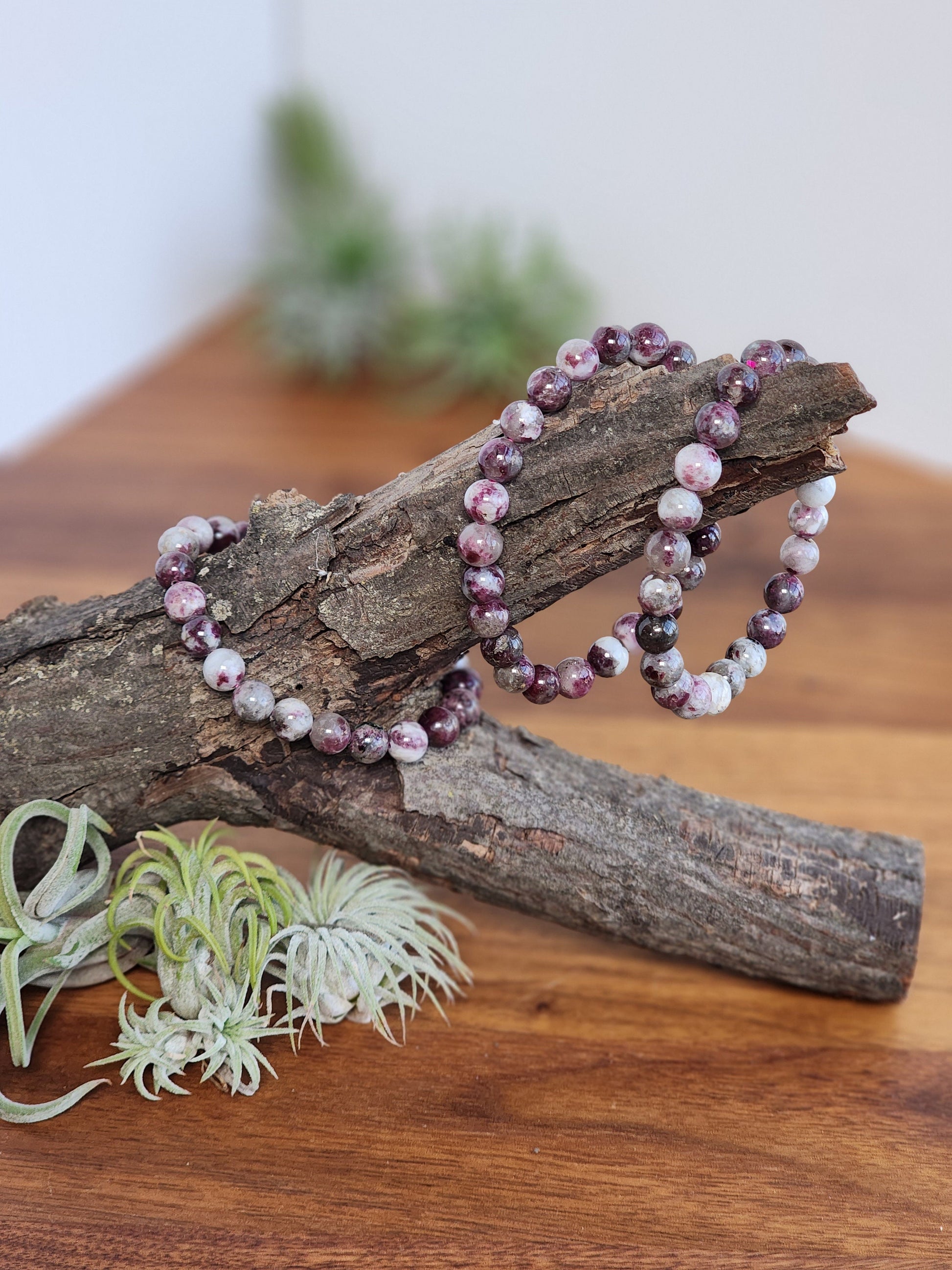 Plum Blossom Tourmaline | 8MM Crystal Bracelet | Natural Rubelite in Quartz | Purple, Pink Gray & White Jewelry | Unique and Girly