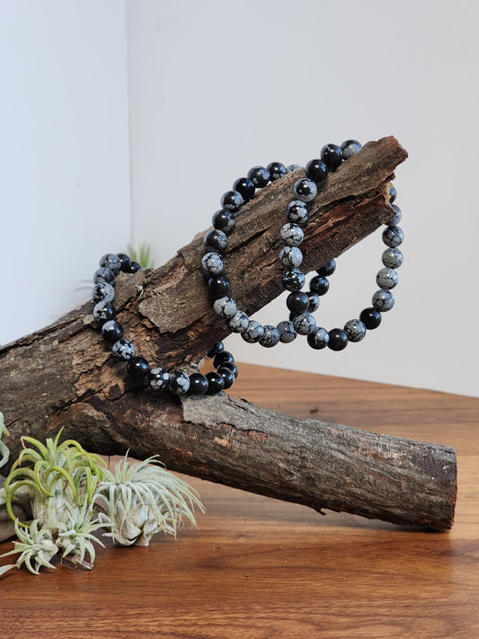 Snowflake Obsidian | 8MM Crystal Bracelet | Black with White Blooms, Flowers and Blossoms | Very Demure, Very Mindful Jewelry, haha