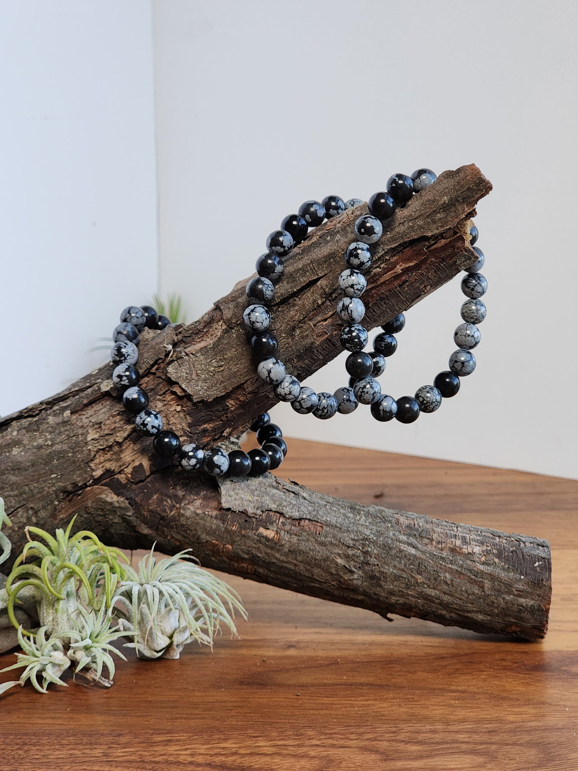 Snowflake Obsidian Bracelet | 8MM Black Crystal Beads with White Chrysanthemum Blooms | Gothic Gift for Women & Men | Matching Couple Idea
