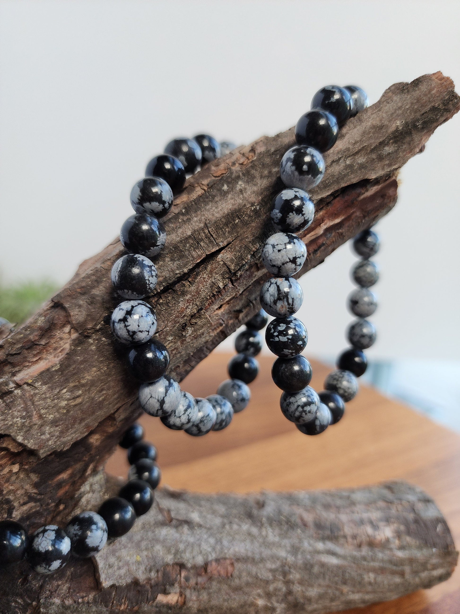 Snowflake Obsidian | 8MM Crystal Bracelet | Black with White Blooms, Flowers and Blossoms | Very Demure, Very Mindful Jewelry, haha