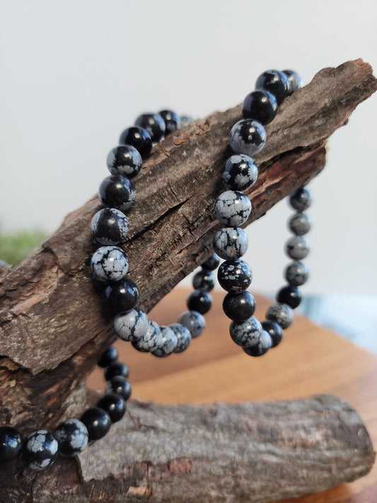 Snowflake Obsidian Bracelet | 8MM Black Crystal Beads with White Chrysanthemum Blooms | Gothic Gift for Women & Men | Matching Couple Idea