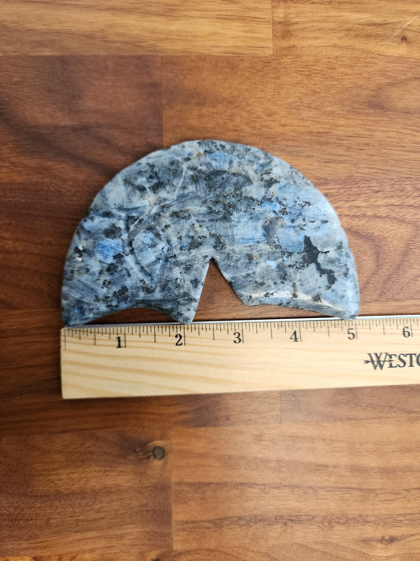 Laughing Larvakite Moon | Large Crescent Moon Crystal | Happy Smiling Gray Moon with Blue Flashes | Big Crystals | Statement | Only One!